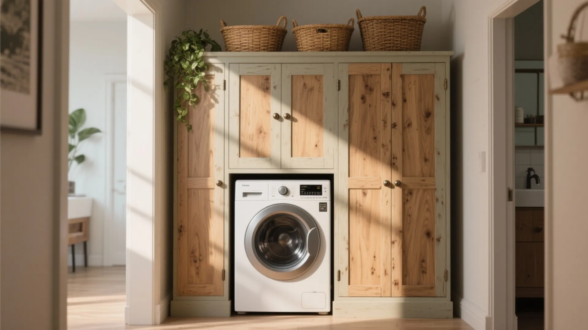 Modern laundry room with two washing machines plus green wall shelves and tablet showing design