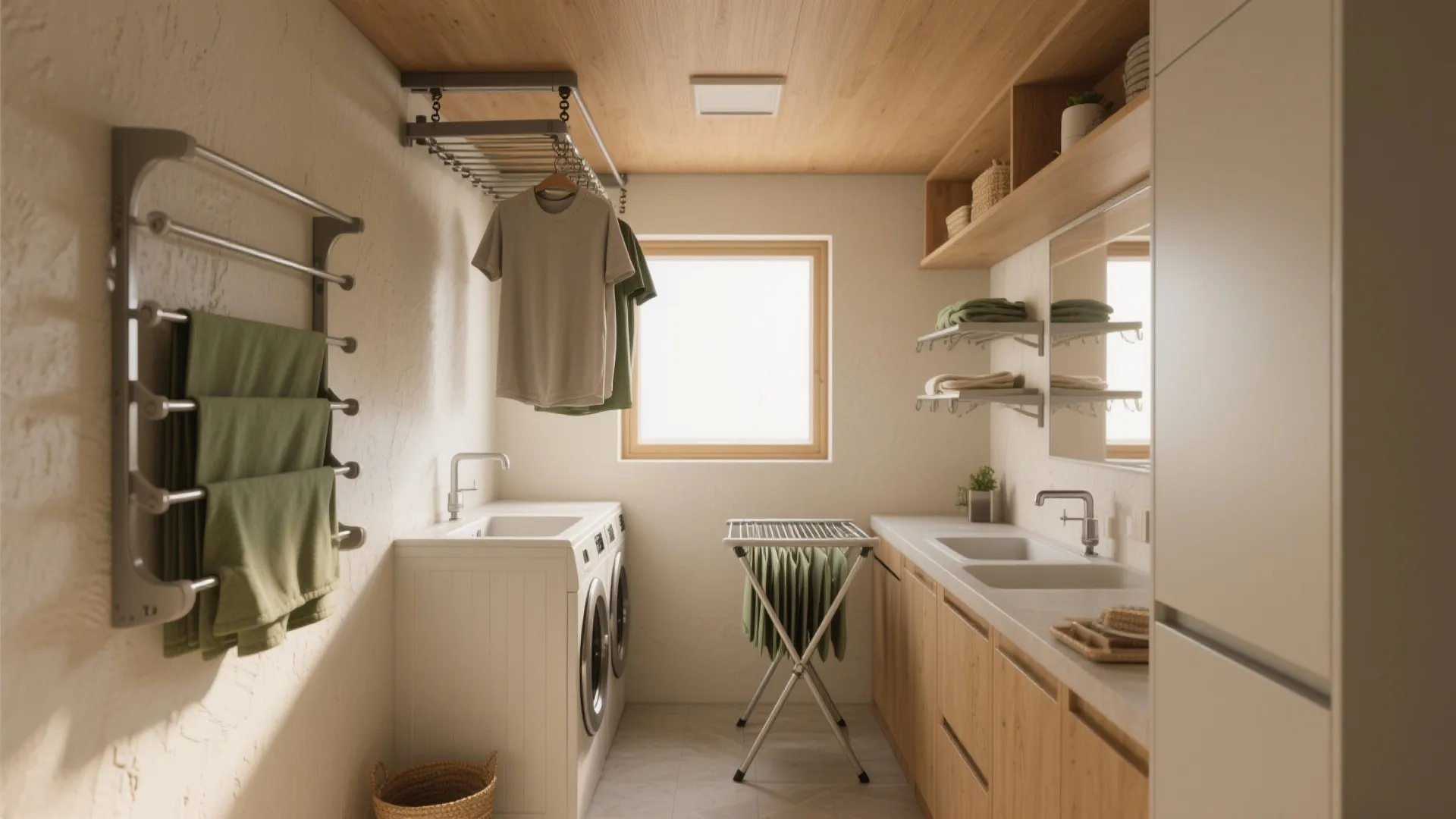 Narrow modern laundry room with wooden ceiling and white washing machine next to wood storage cabinets