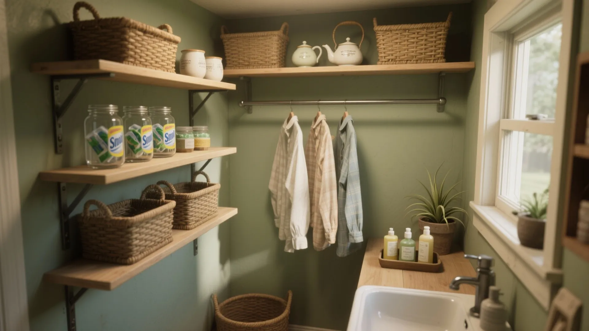 Small laundry room with green walls wooden shelving units hanging clothes and white ceramic sink