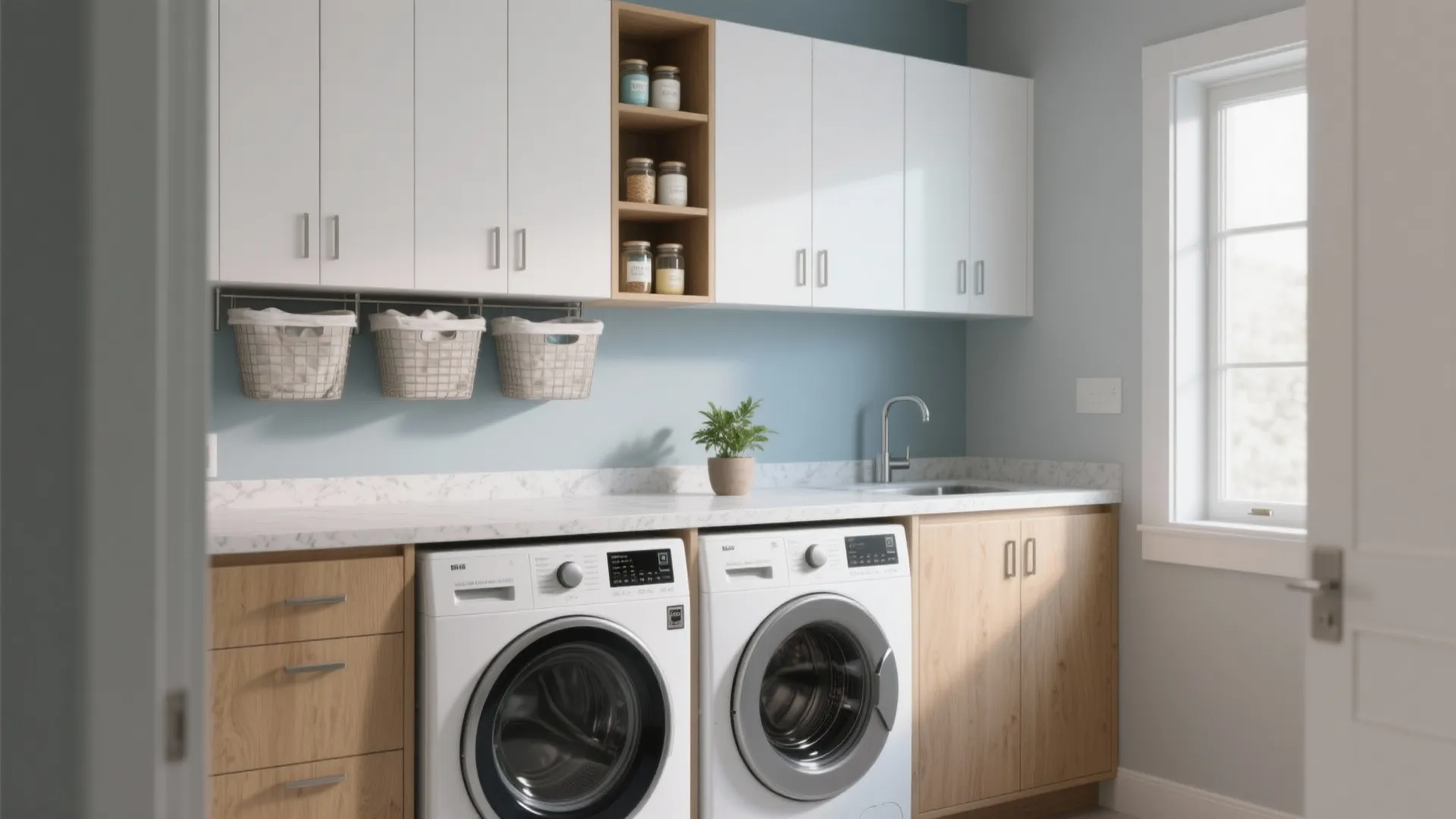 Modern laundry room with white upper cabinets wooden lower cabinets two washing machines and blue wall