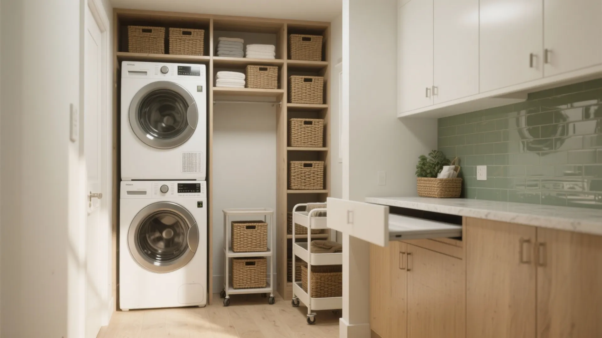Modern laundry room featuring stacked washer dryer units wooden storage shelves and green wall tiles