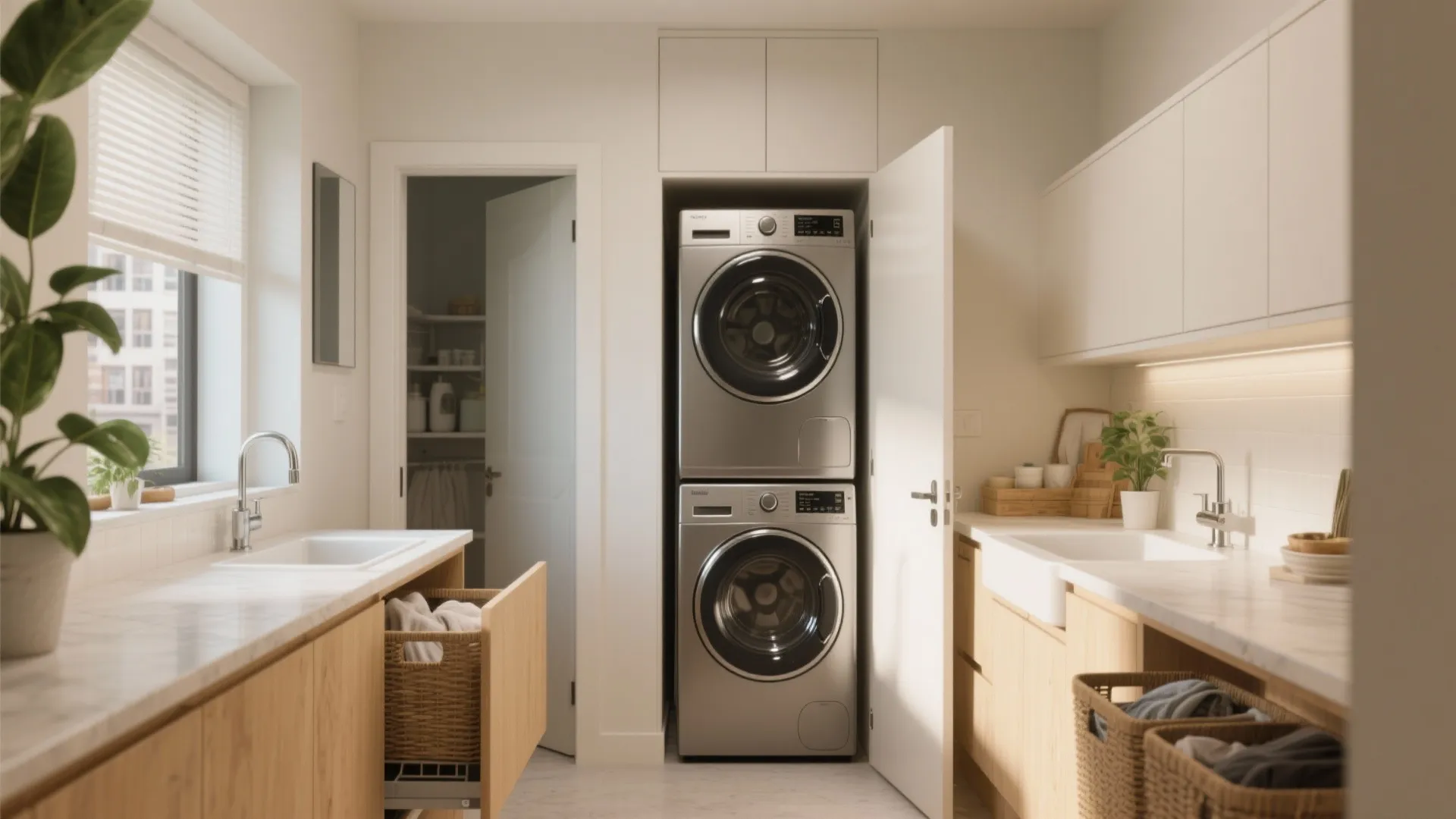 Small modern laundry room with stacked washer dryer unit wooden cabinets white counters and baskets