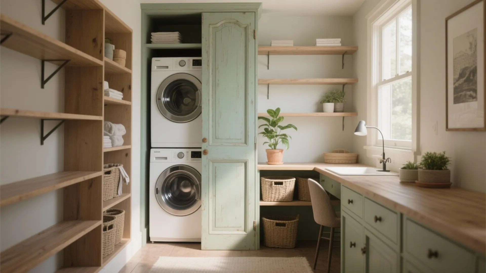 Spacious laundry room with green cabinets wooden shelves stacked washing machines and a large workspace