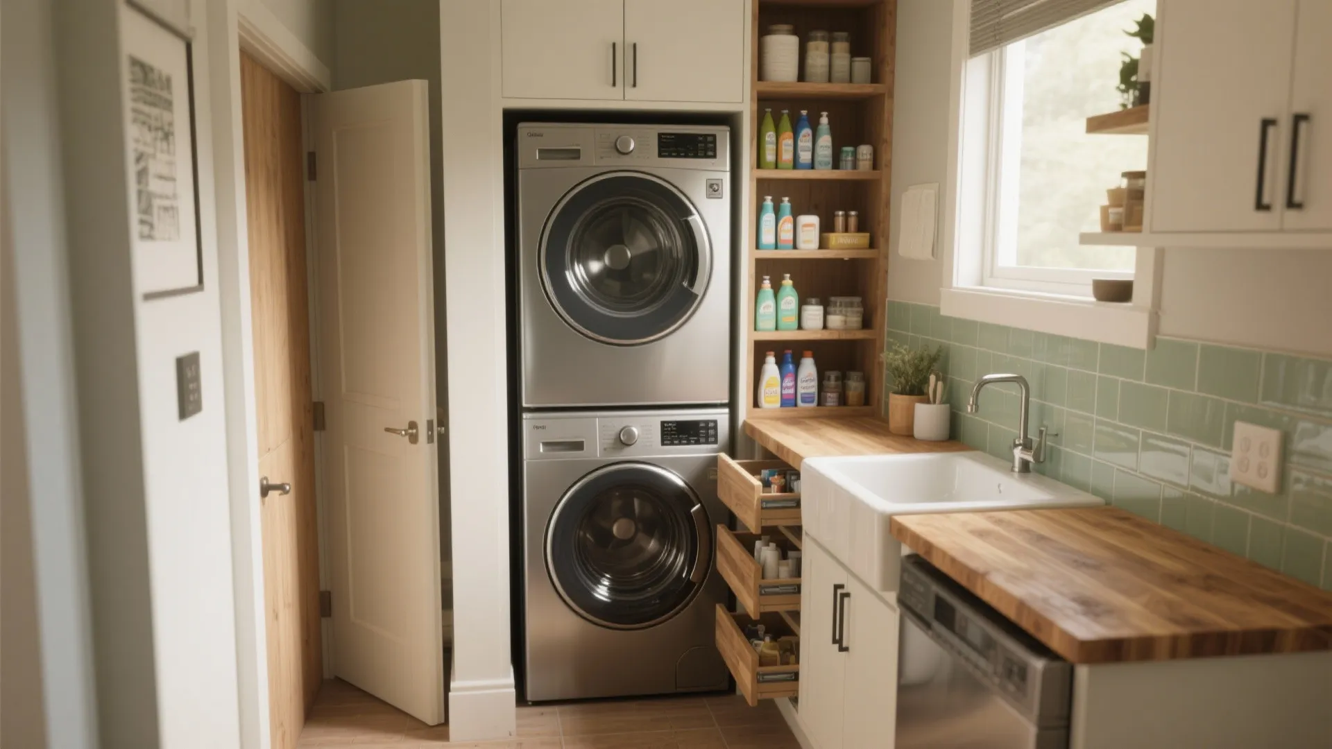 Modern laundry room featuring stacked silver washing machine and dryer with wood countertop and sink