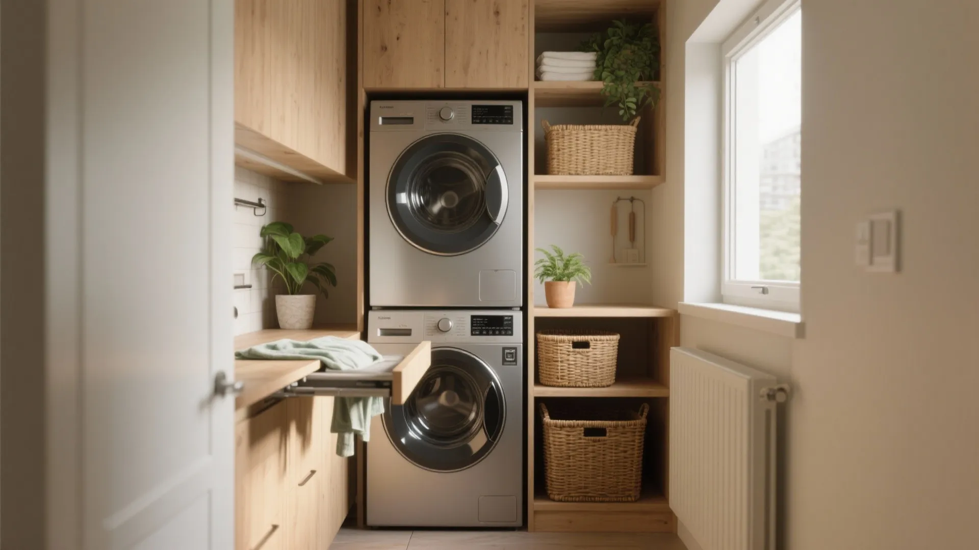 Laundry room layout featuring stacked silver washing machines and wooden shelves with woven storage baskets inside