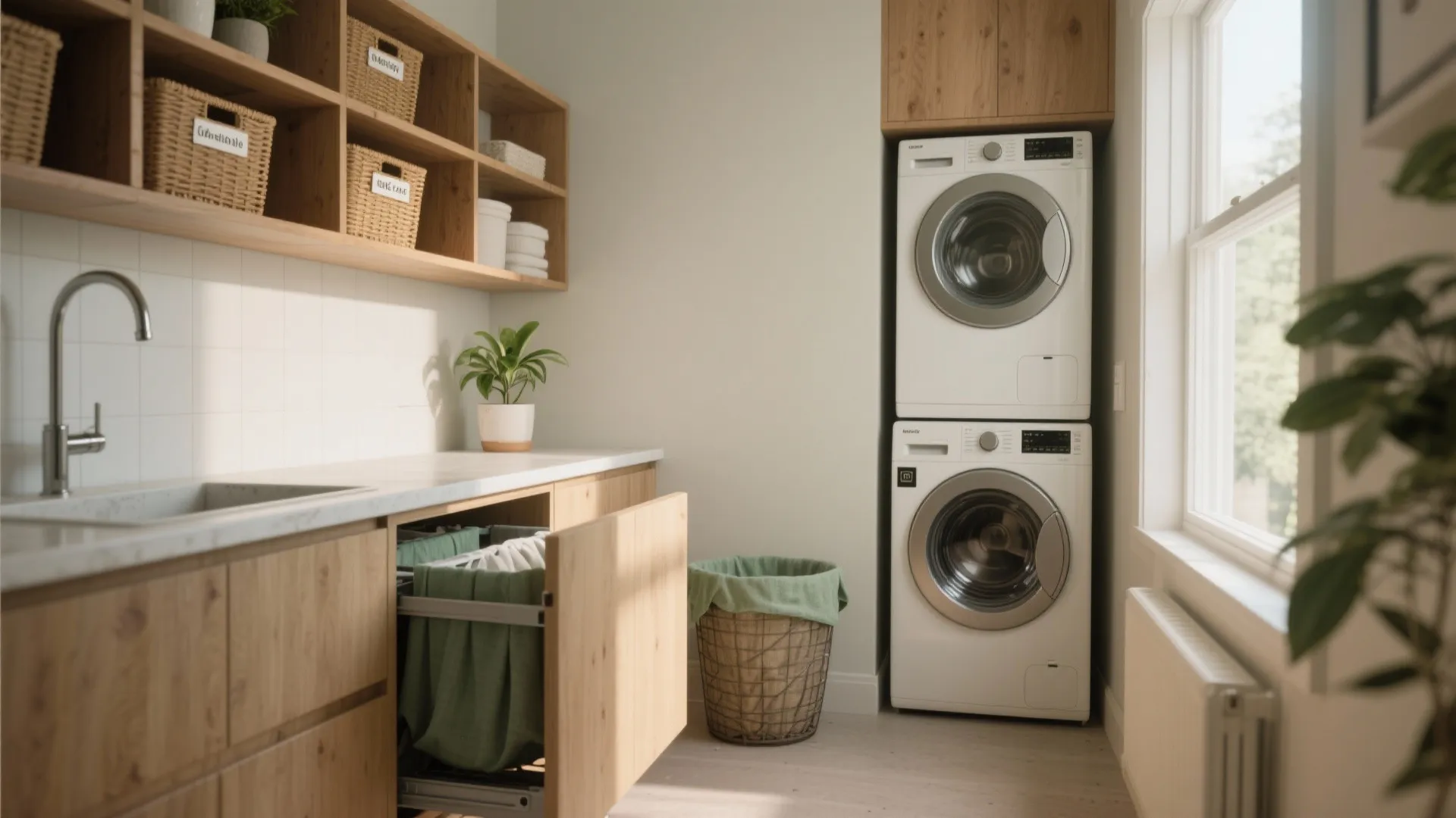 Small laundry room with stacked white machines wooden cabinets open shelves sink and a window