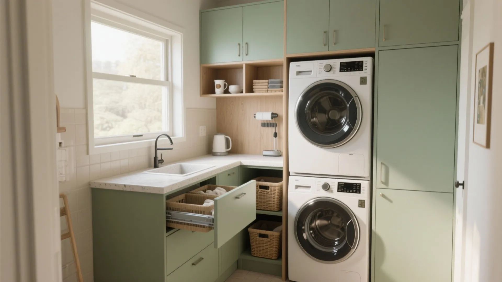 Small green laundry room with stacked washing machines next to a sink and open drawers