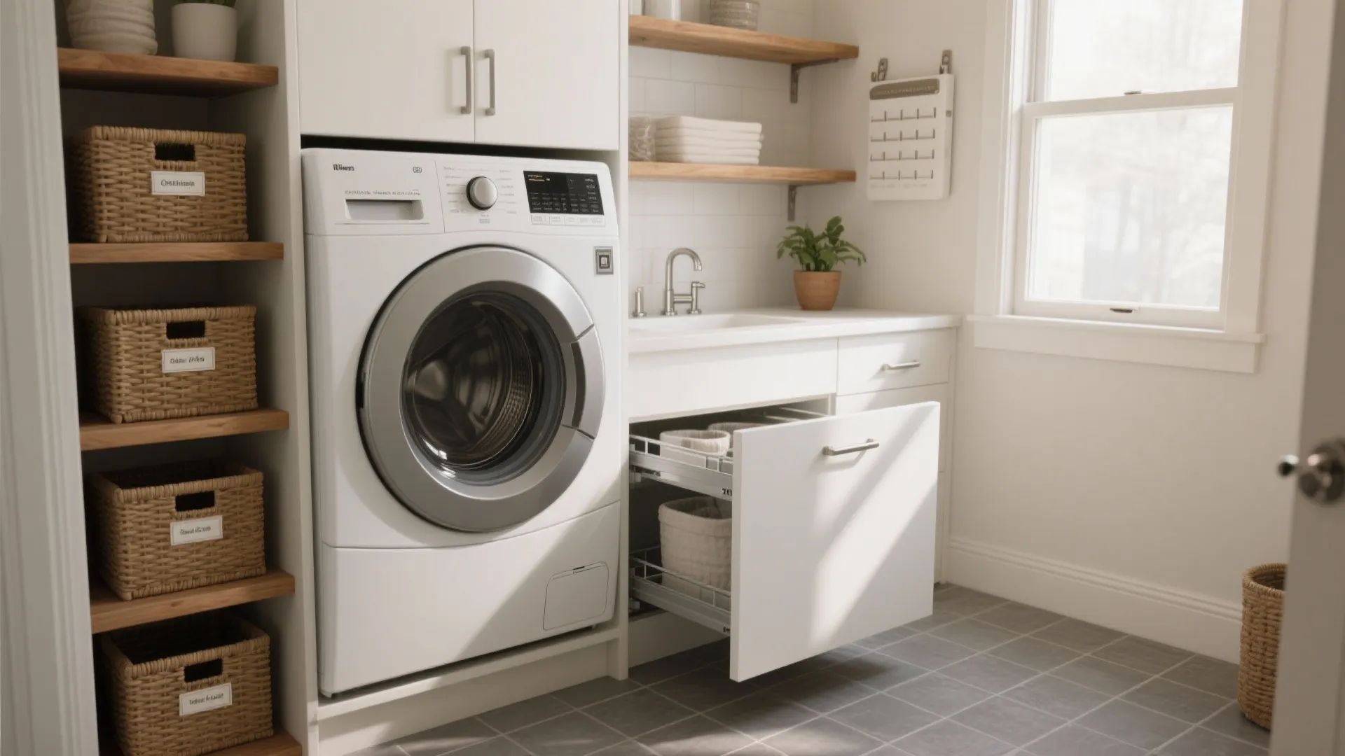 Modern laundry room featuring white washing machine wooden shelves with baskets and open storage drawer