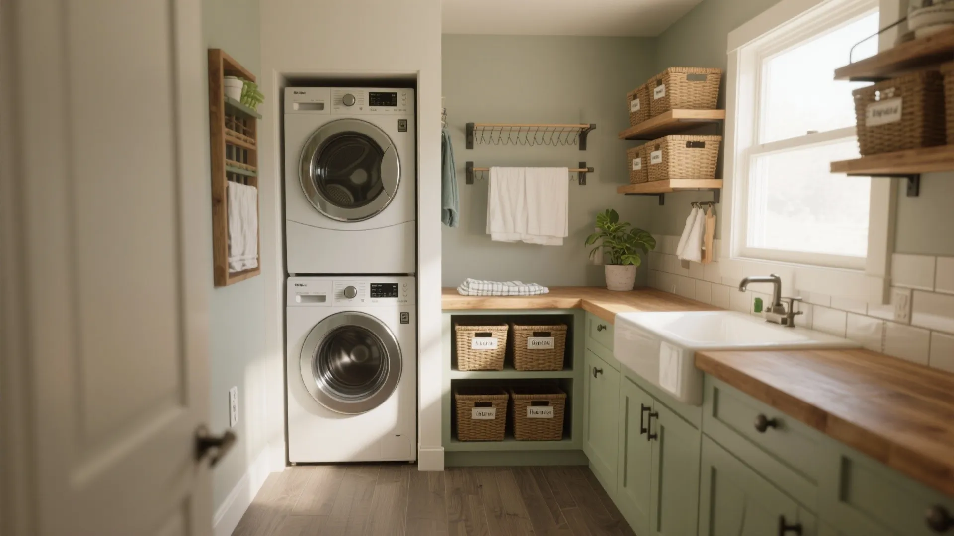 Small green laundry room with stacked washing machines wooden countertop white sink and woven baskets