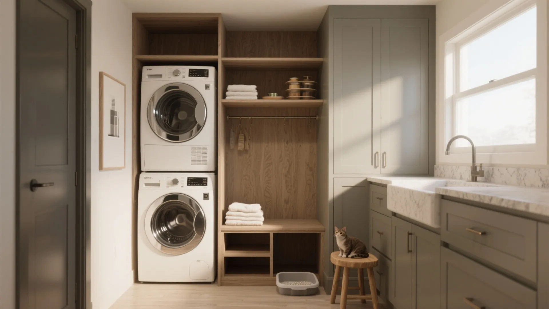 Modern laundry room with stacked washer and dryer next to grey cabinets and wooden shelves