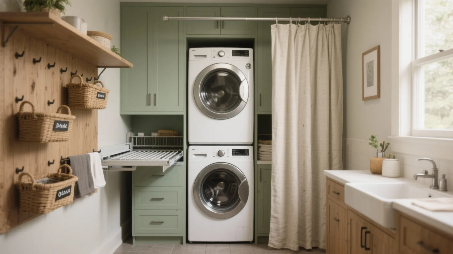 Small laundry room with stacked white washer and dryer plus green cabinets and wood accents