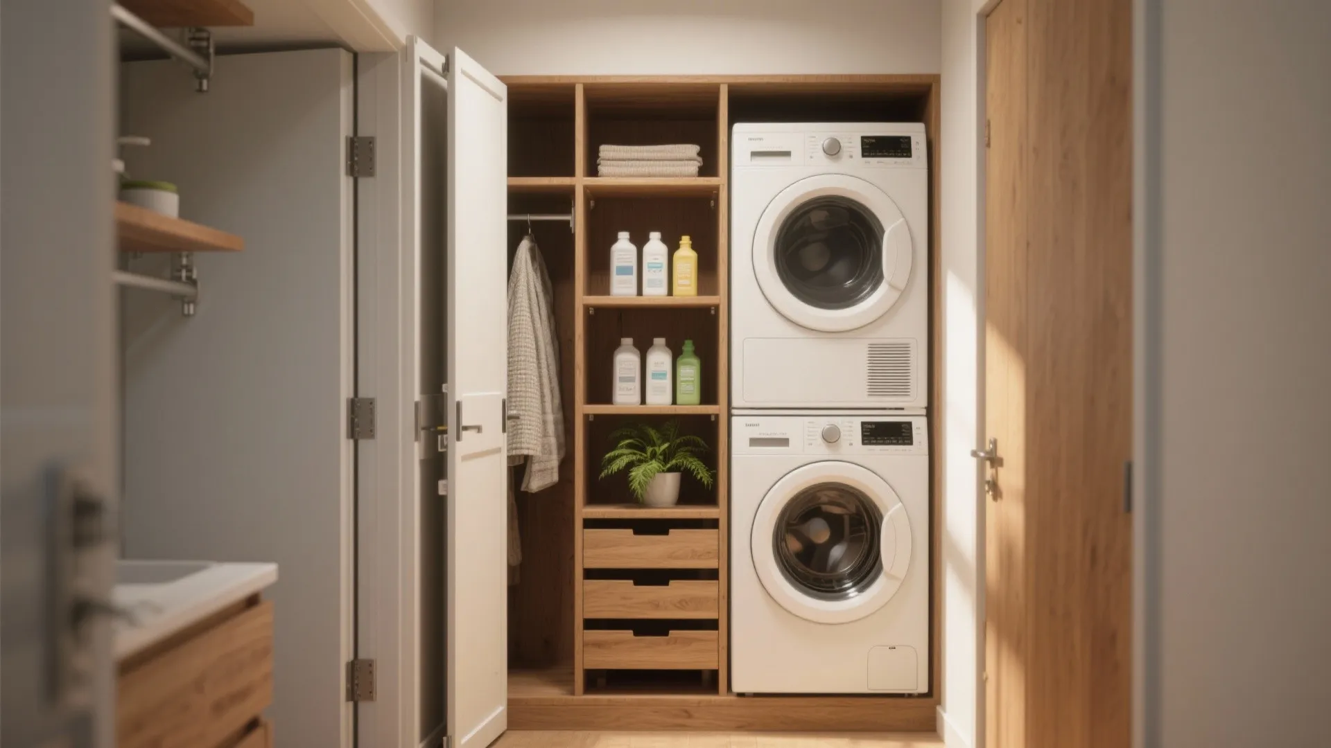 Modern laundry room with white stacked washer and dryer unit inside a wooden storage cabinet