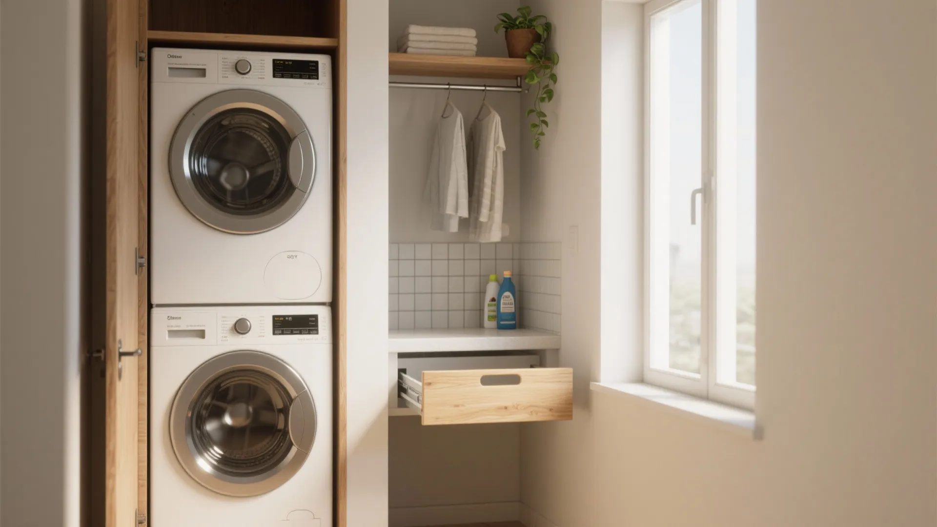 Compact laundry space near window featuring stacked washer hanging clothes wooden shelf and open drawer