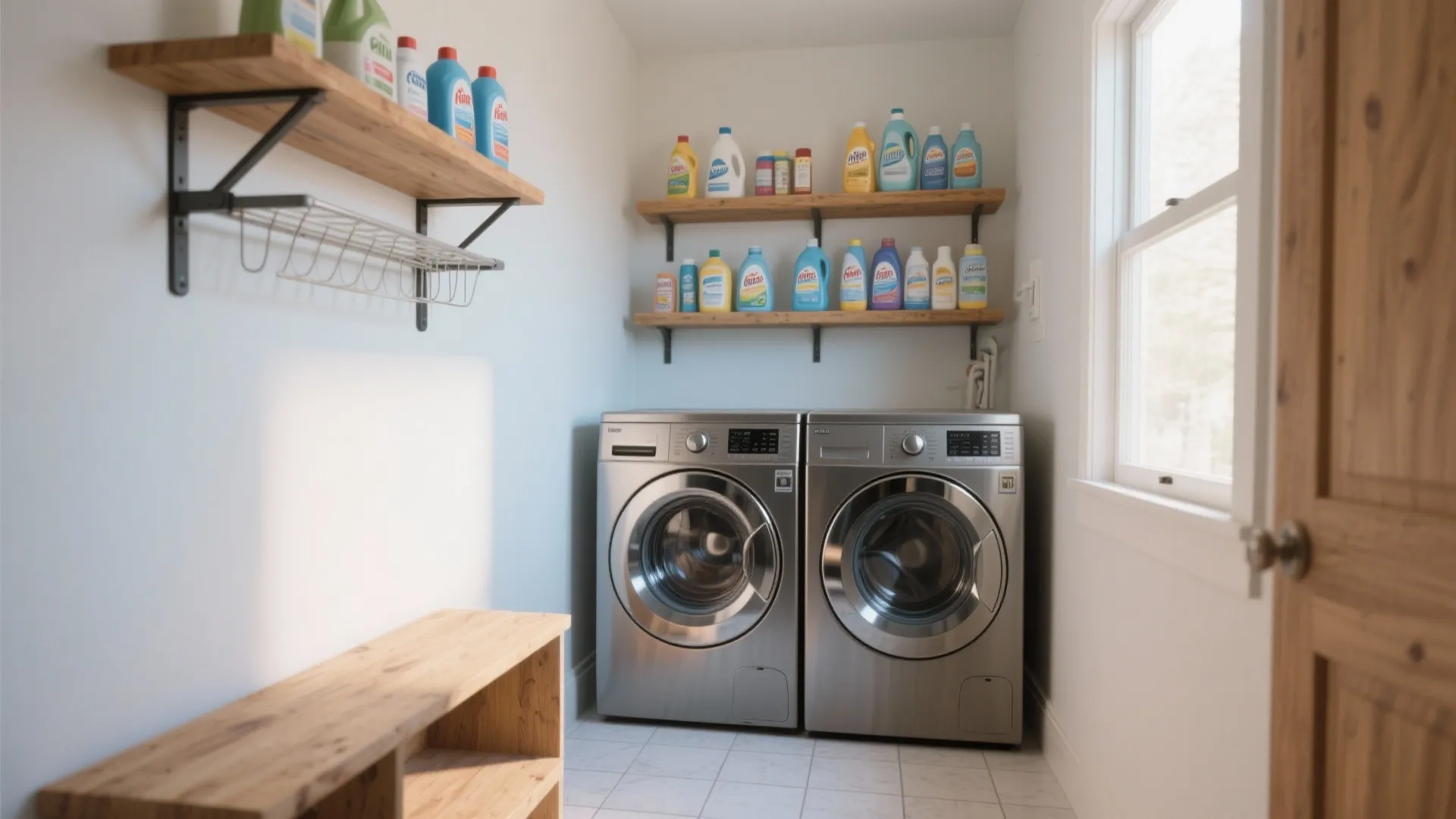 Small laundry room with two silver washing machines wooden shelves with detergent bottles and bench