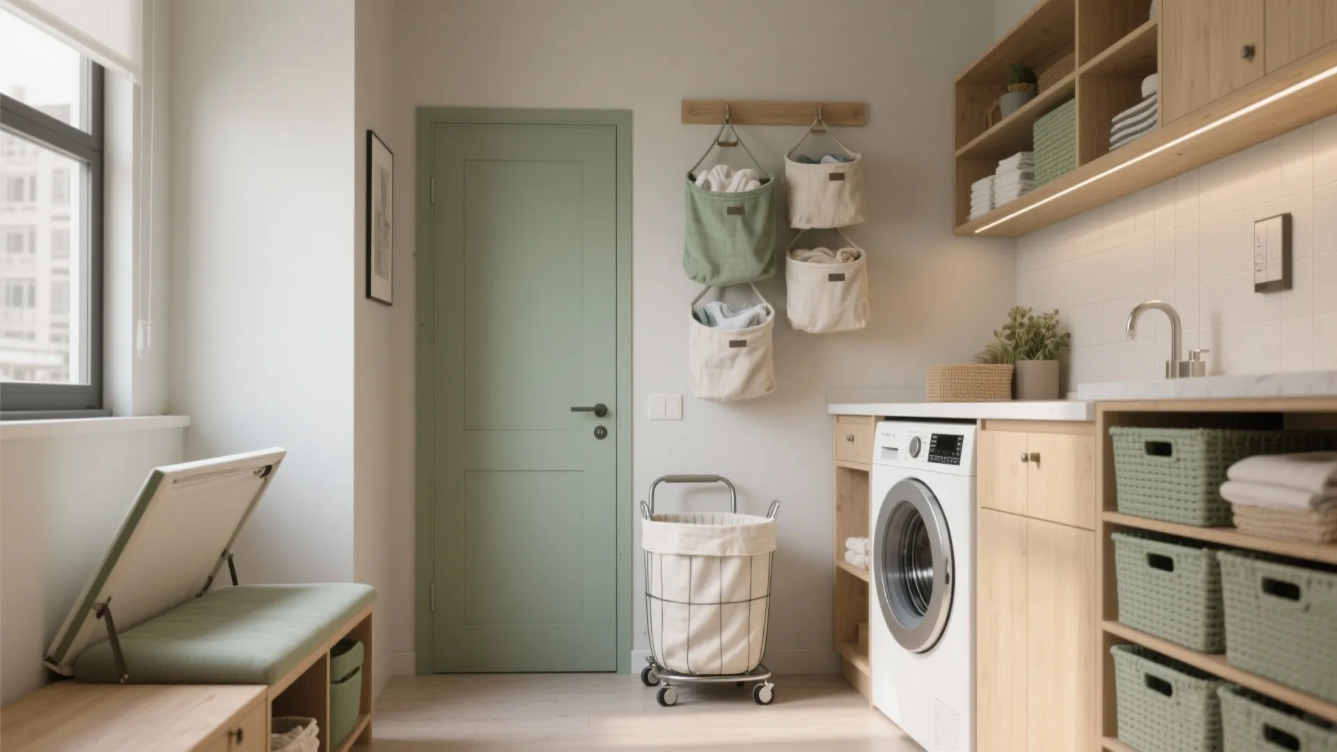 Modern laundry room with white washing machine wooden cabinets green door and hanging laundry bags