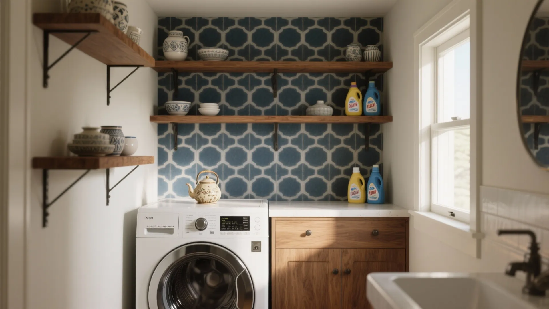 Small laundry area with washing machine wooden shelves blue pattern wall tile and white window
