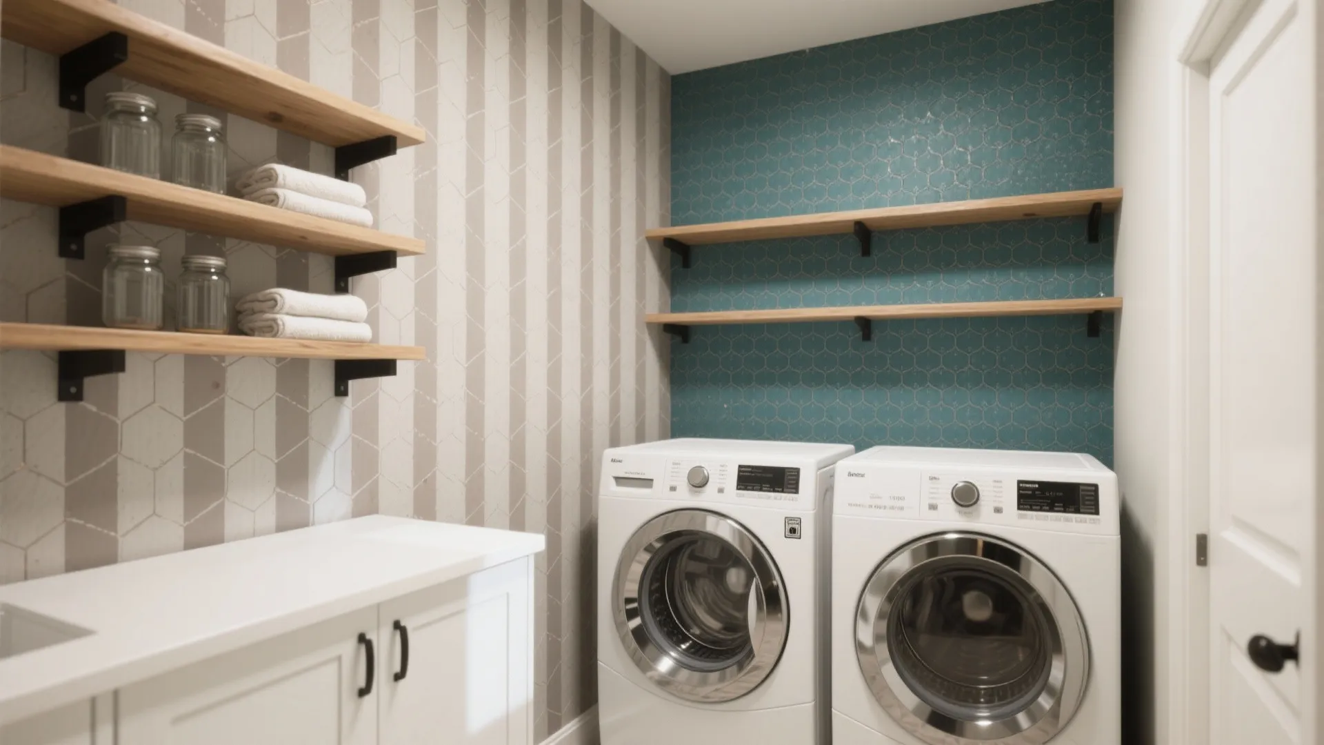 Modern laundry room featuring white washing machines wooden shelves blue honeycomb tiles and striped wall design