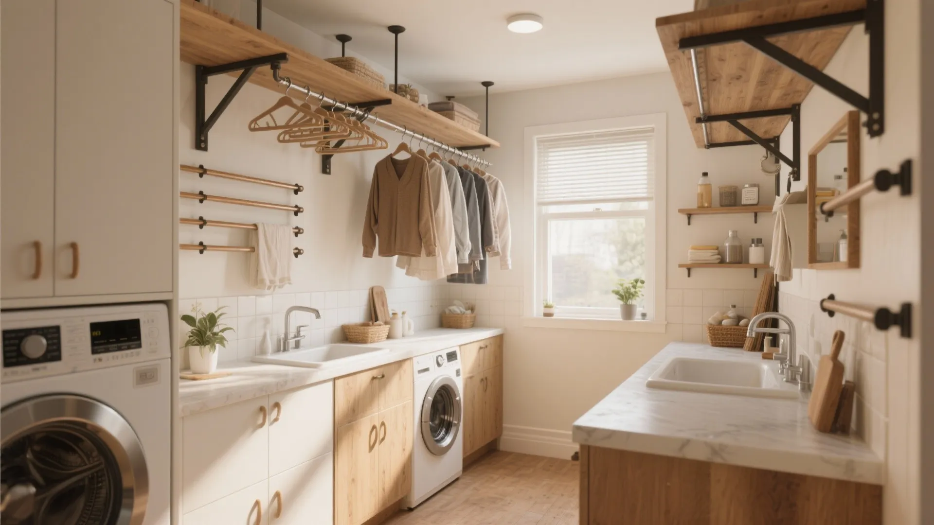 Bright laundry room with wooden shelves washing machine white sink hanging clothes and natural window light