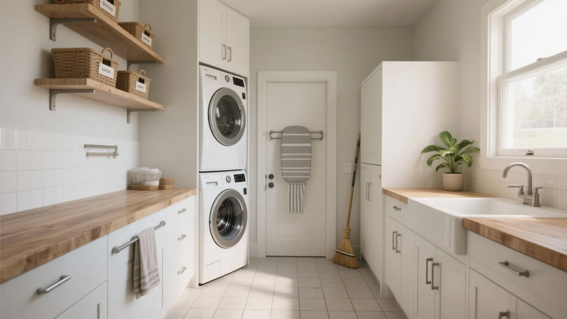 White laundry room with stacked washer dryer wood countertop sink and wall shelves holding baskets