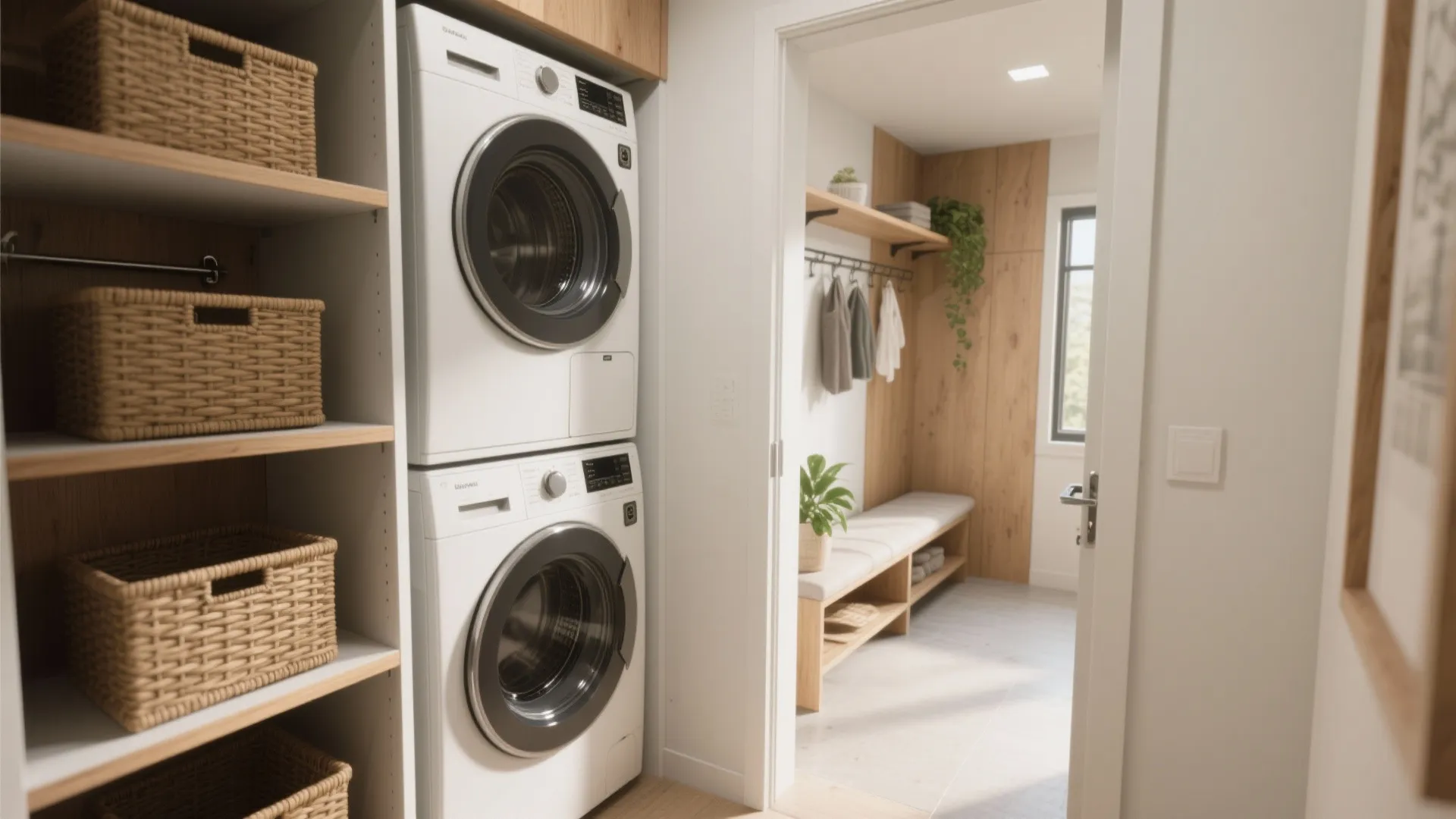 Small laundry area with stacked machines next to wooden shelves and a bright entryway bench