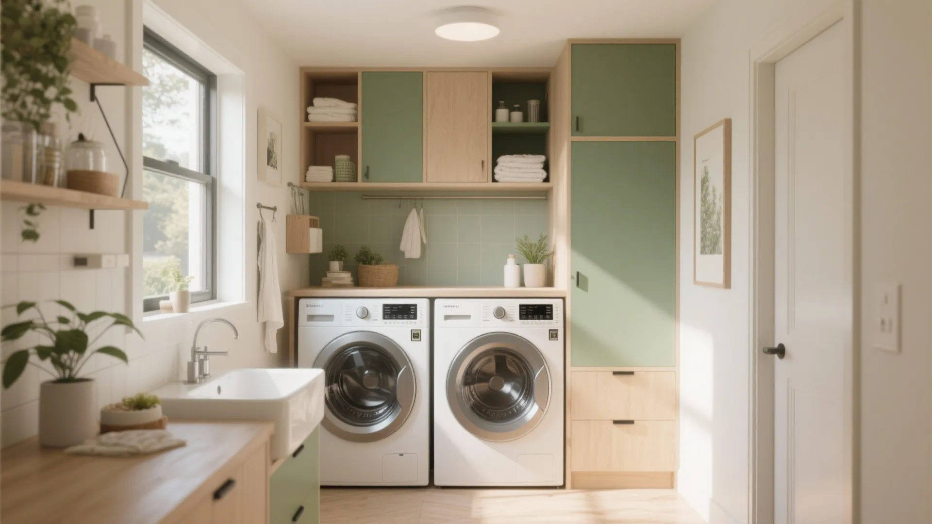 Bright laundry room featuring side by side washing machines green cabinets wood shelves and window