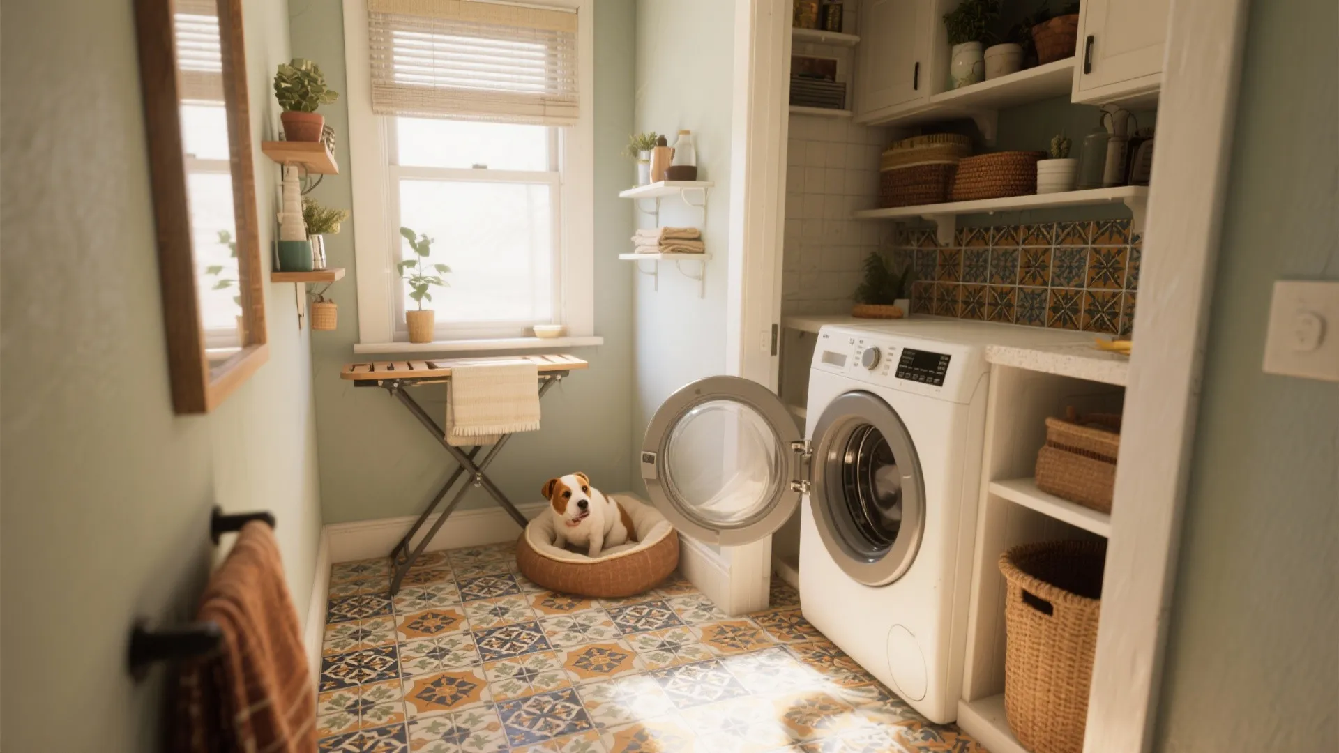 Small laundry room with patterned tile floor white washer dog in bed and wall shelves