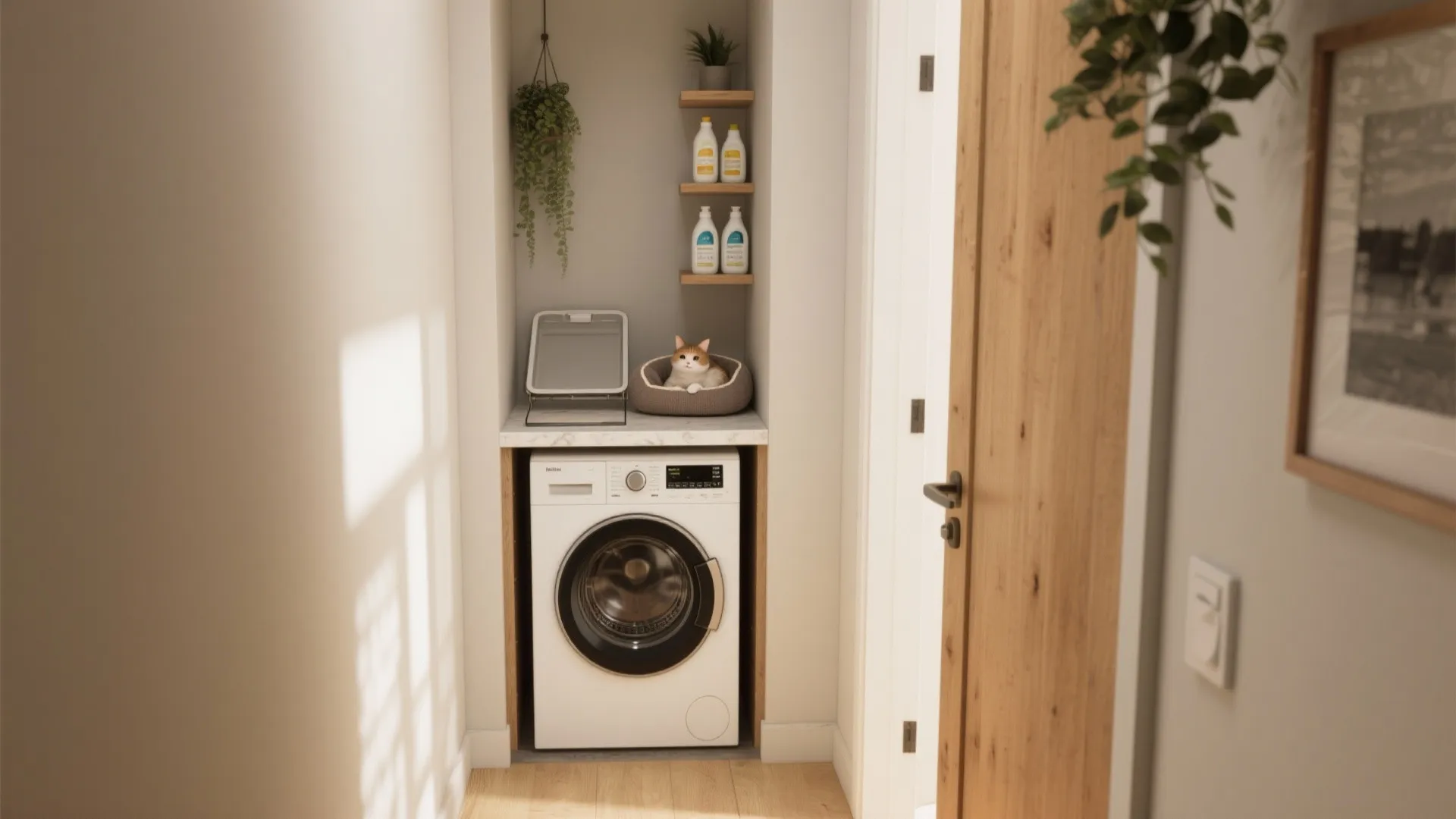 Compact laundry nook with washing machine under counter plus a cat in bed on top