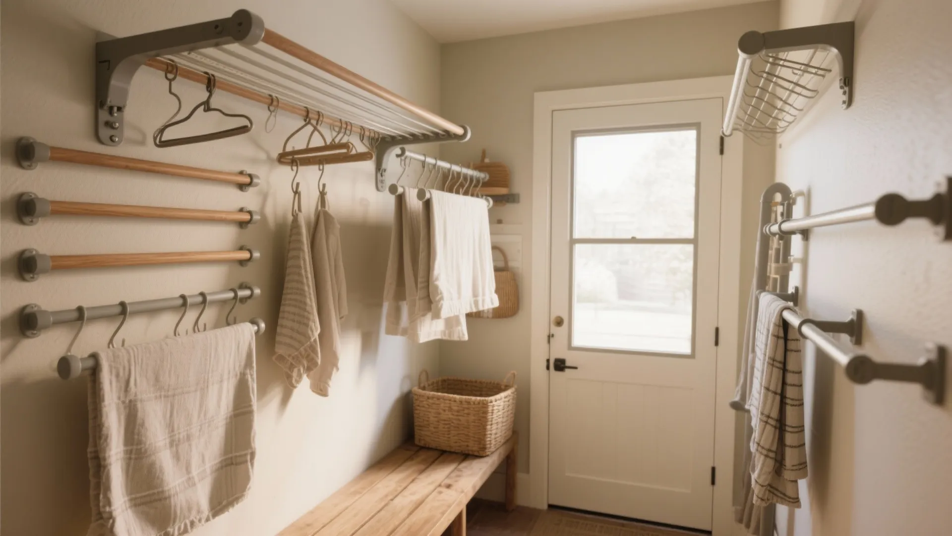 Laundry room with wall mounted drying racks wooden bench basket and clothes by white door