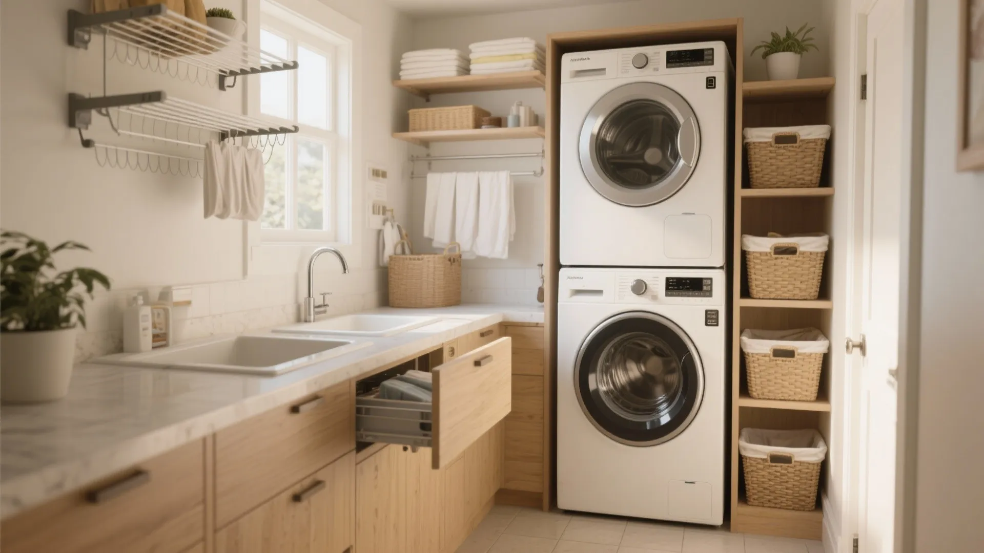 Small laundry room with stacked washer and dryer wooden cabinets storage baskets and a sink
