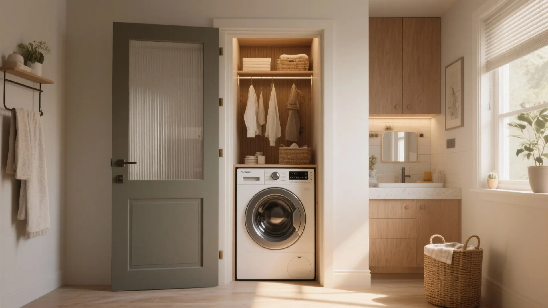 Small laundry closet with open green door showing white washing machine and shelves for clothes