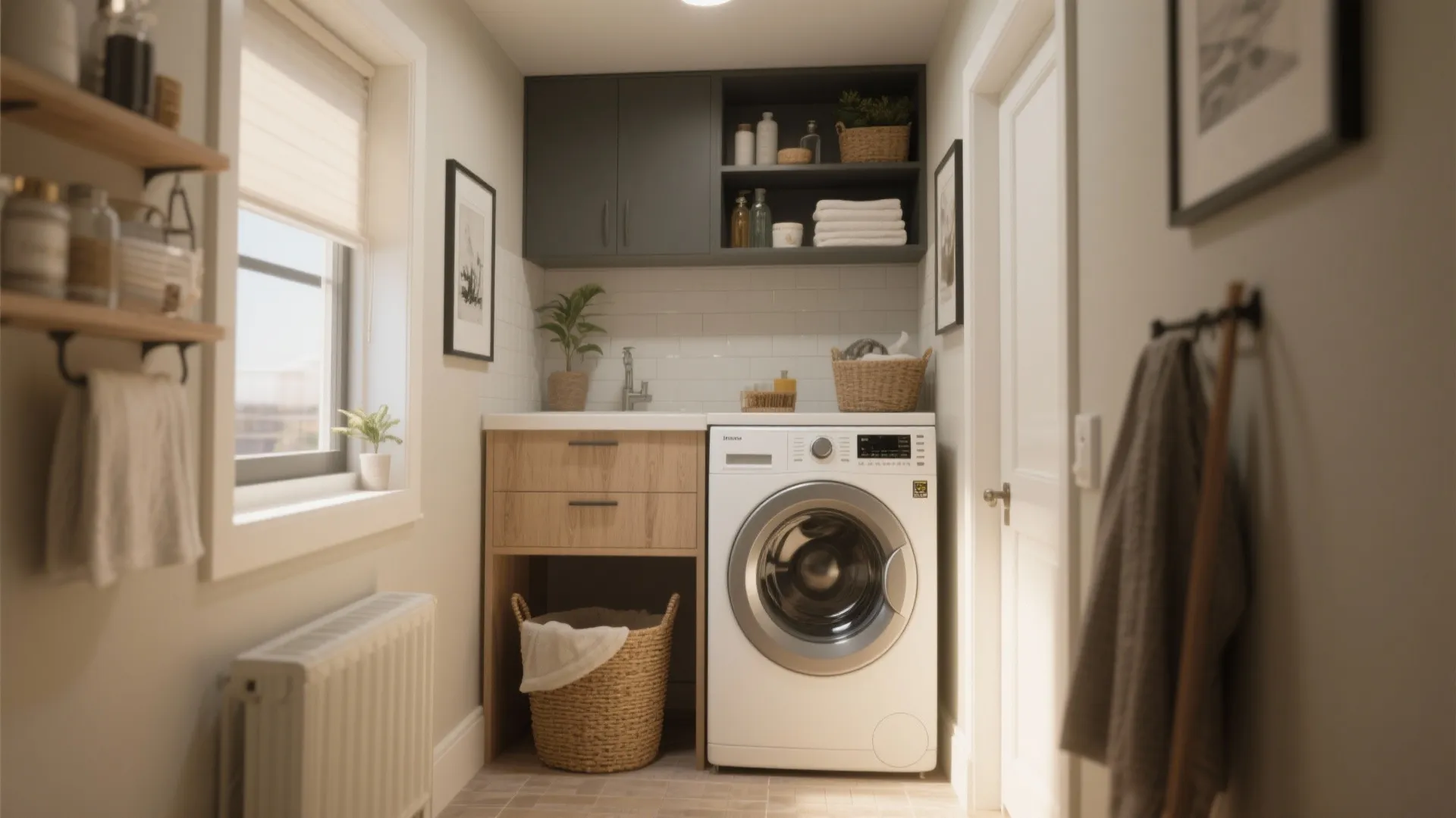Small laundry room with white washing machine wood cabinet grey storage cupboards and white wall tiles