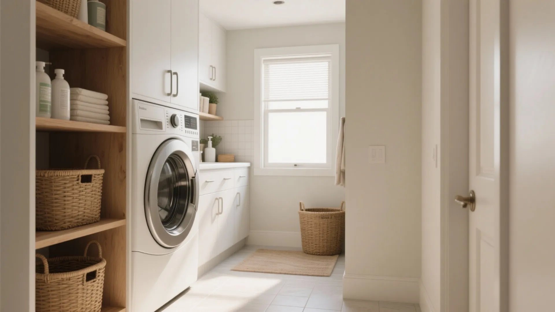 Small laundry room featuring wooden shelving, white cabinets, washing machine, woven baskets, and bright window