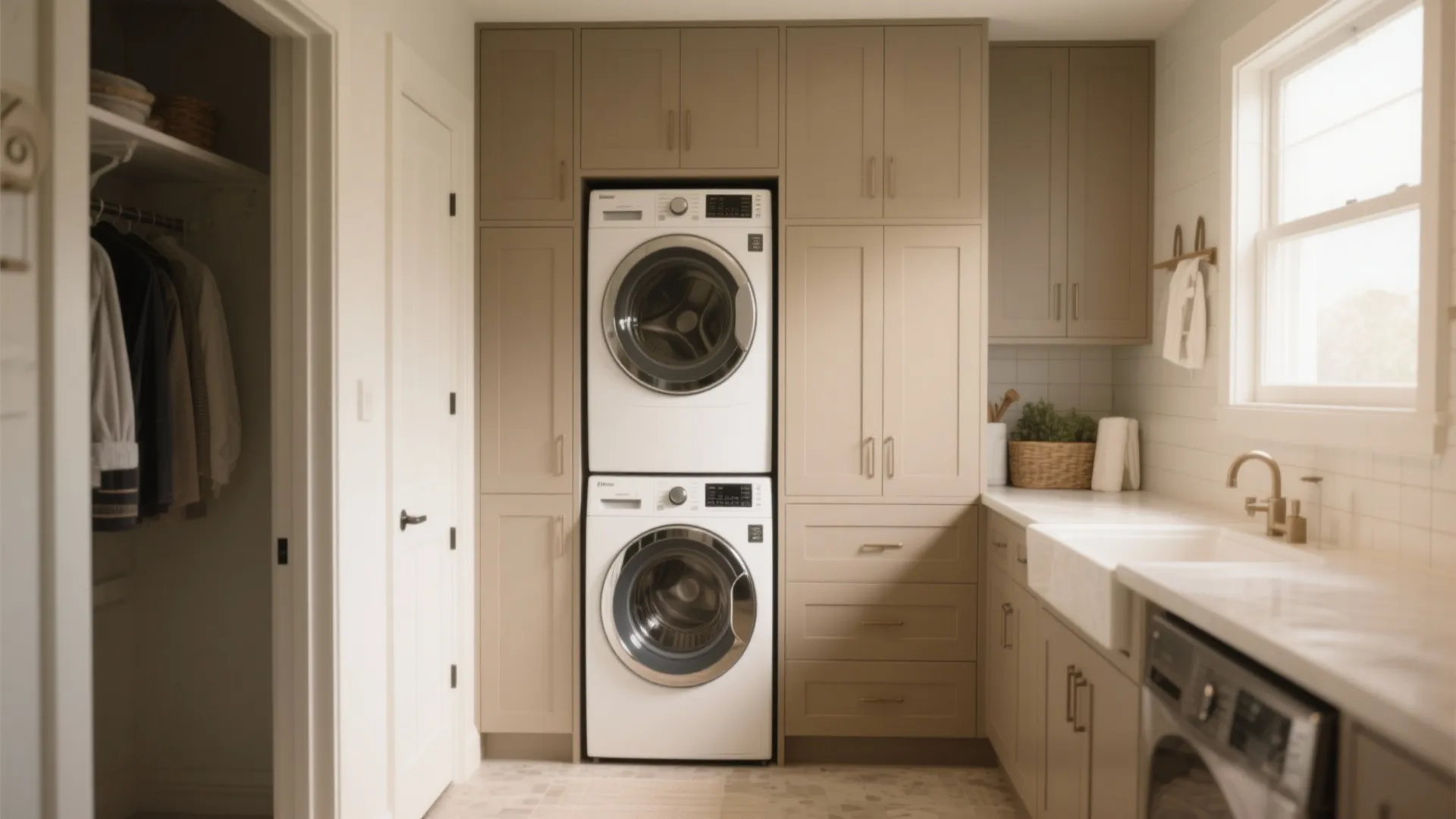 Modern laundry room with stacked white washer and dryer built into beige cabinets with sink