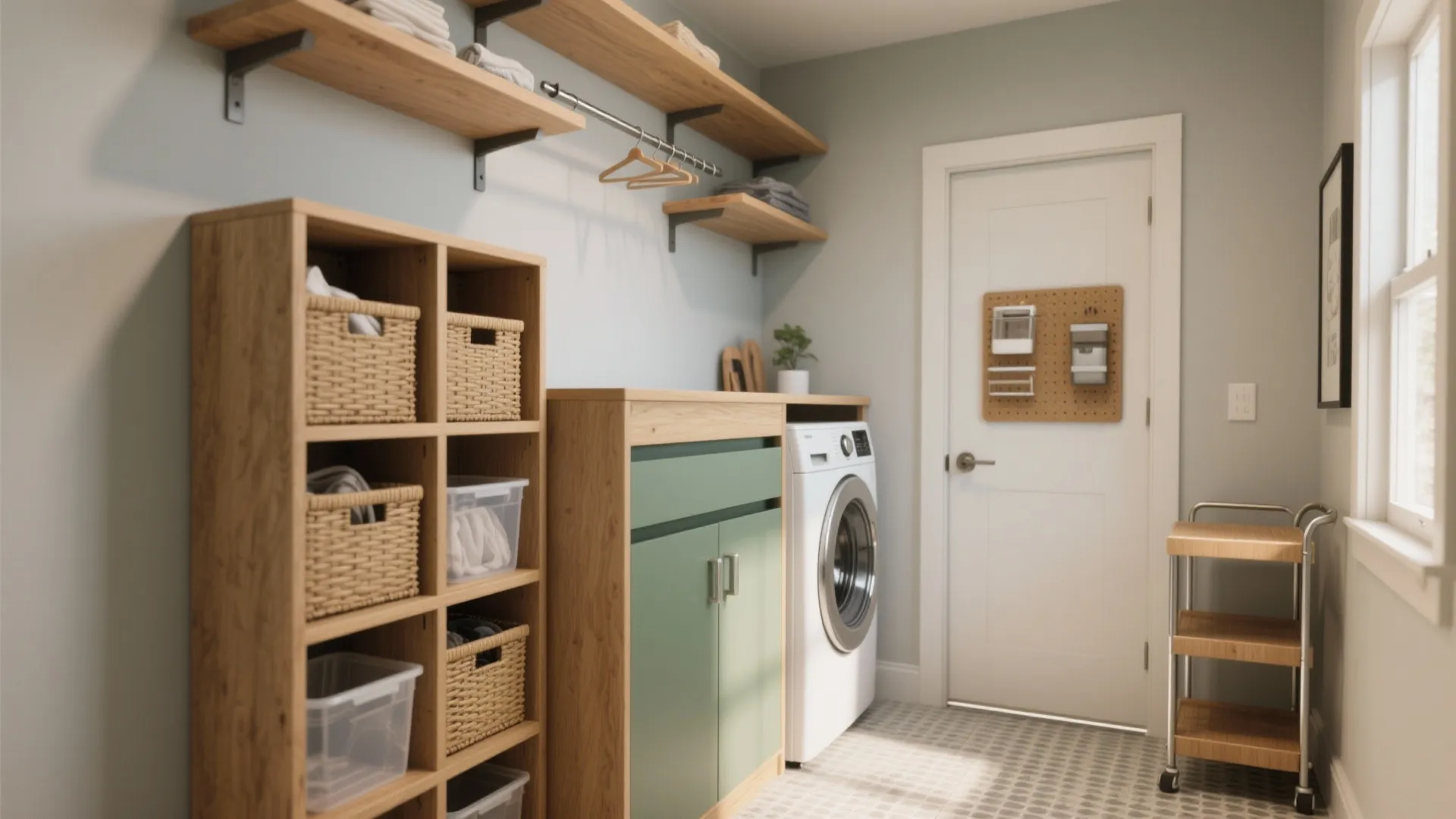 Laundry room with wooden shelves woven baskets washing machine green cabinet and pegboard on door
