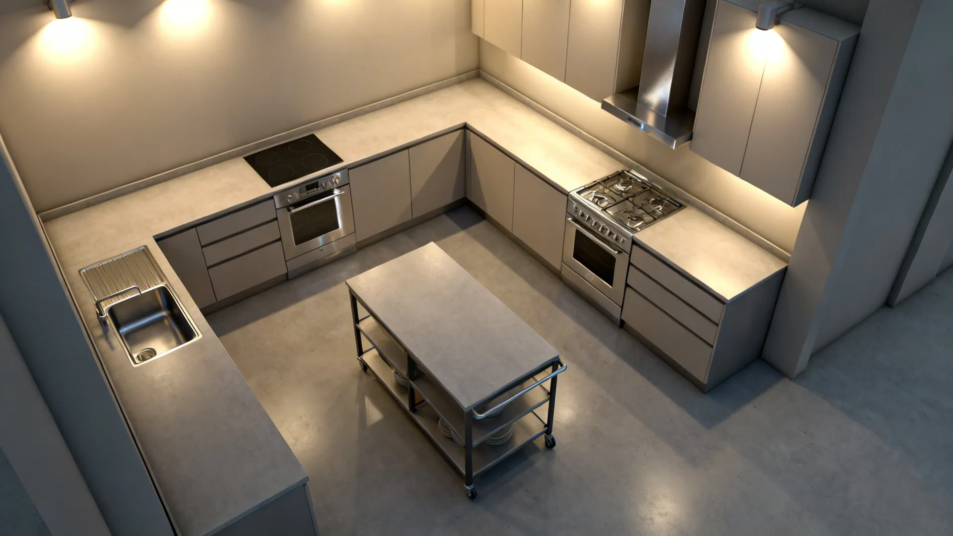 Top-down view comparing an L-shaped small kitchen and a single-wall with a movable cart.