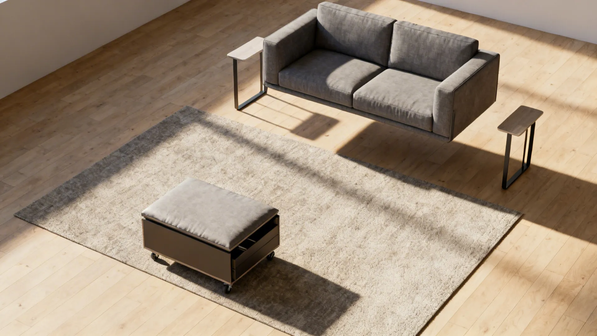 Interior design drawing showing grey sofa side tables beige rug and footrest on wood floor