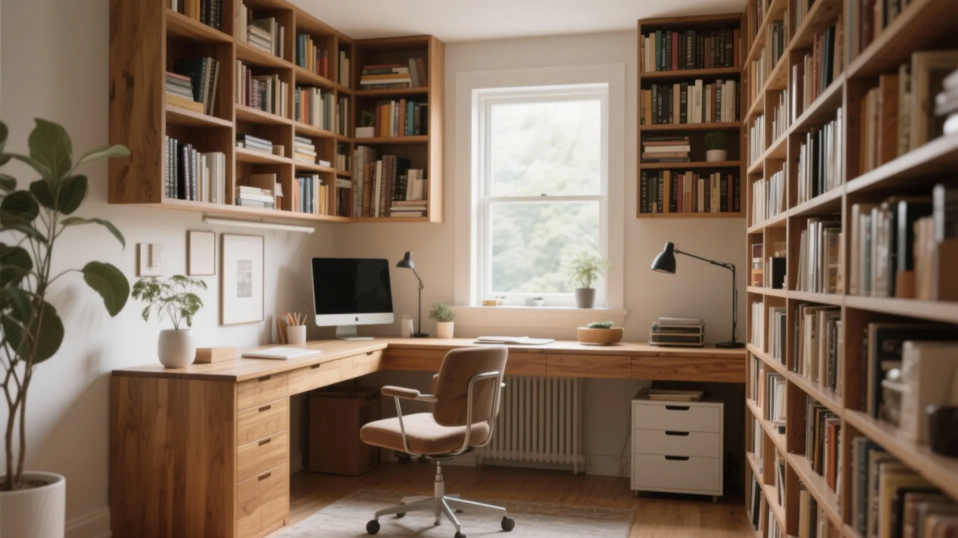 Corner home office with wooden desk and large bookshelves filled with many books and plants