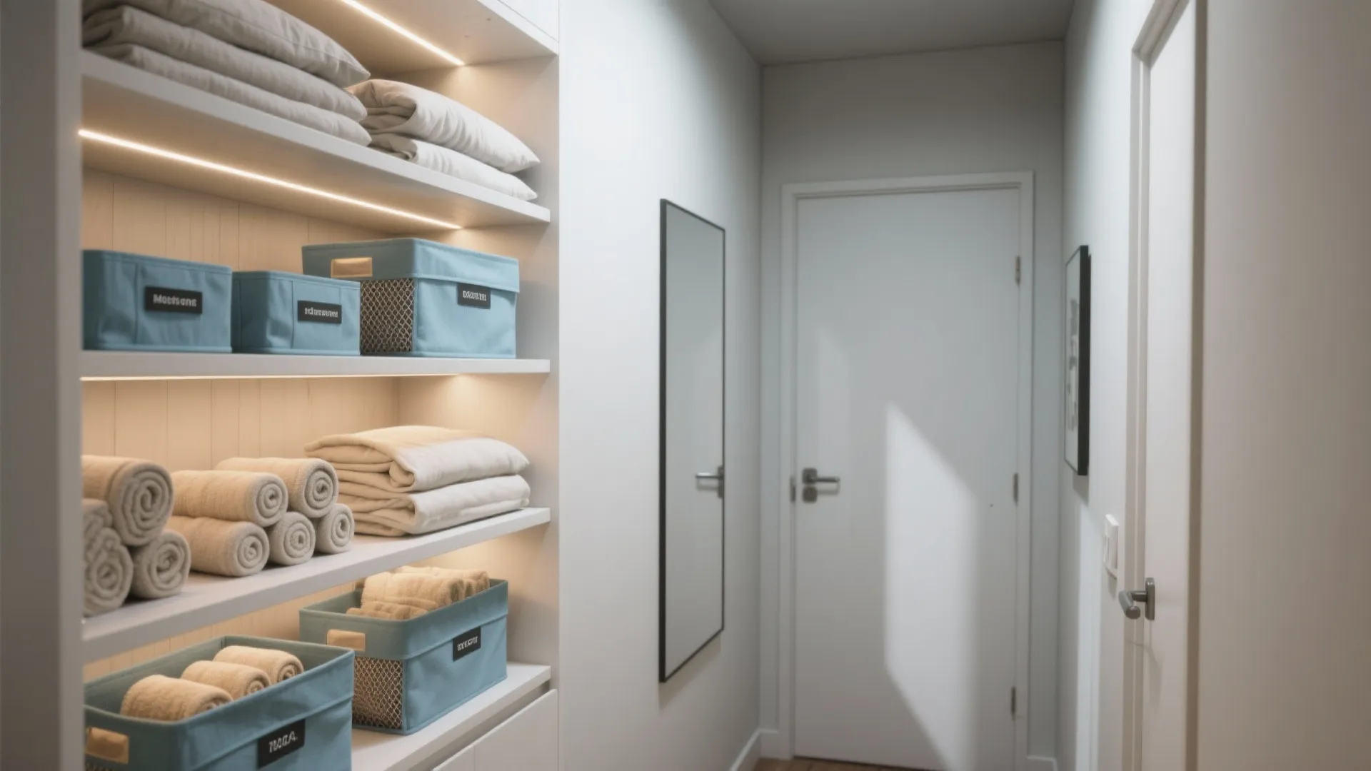 Modern white walk-in closet with shelves holding folded towels blue storage boxes and wall mirror