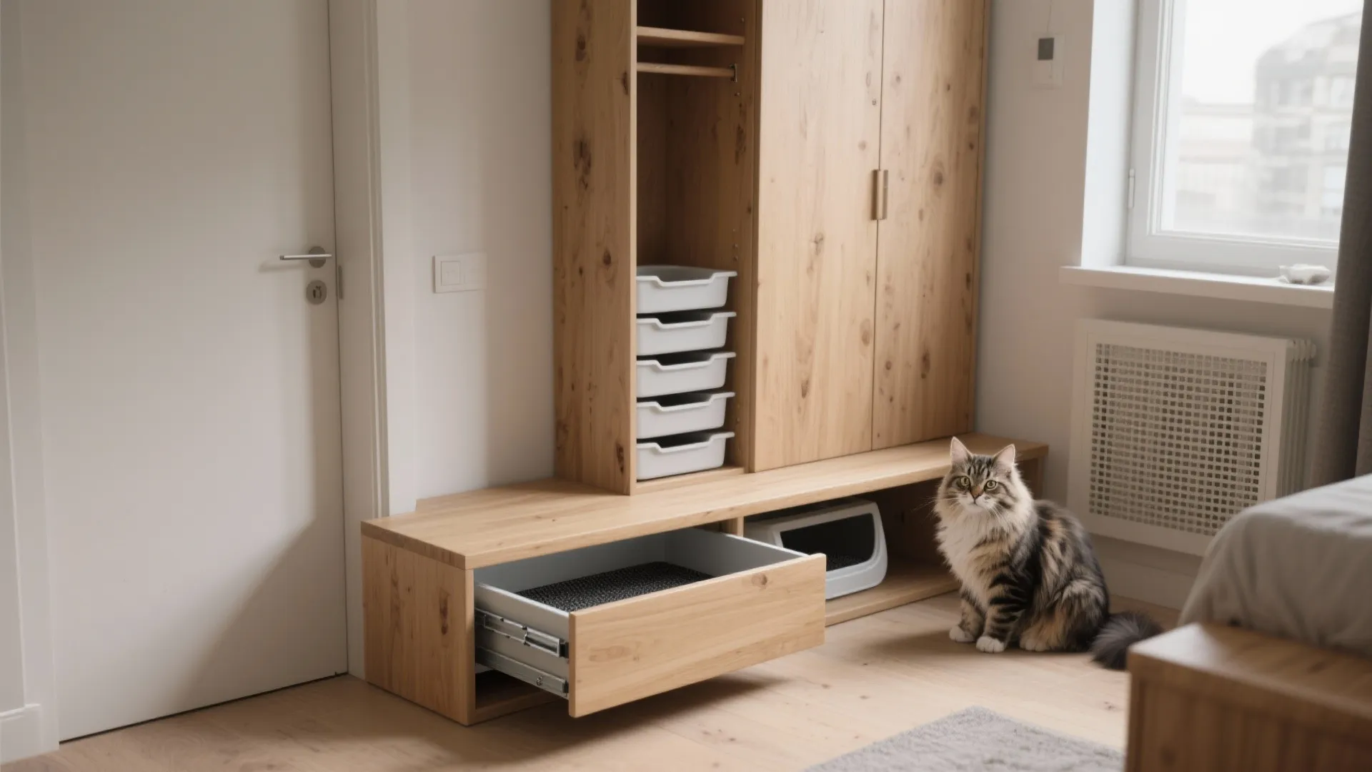 Modern wooden cabinet with built-in cat litter box drawer and a fluffy cat sitting nearby