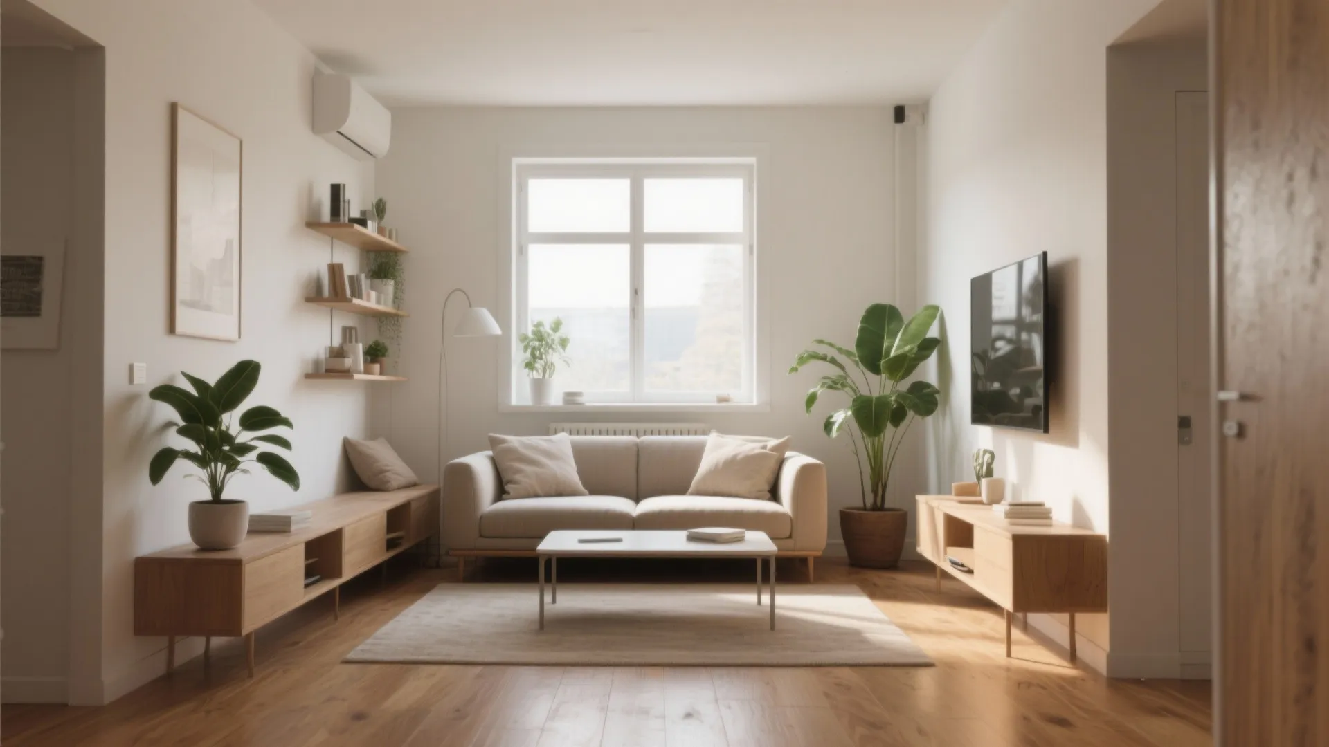 Minimalist living room with beige sofa wooden cabinet coffee table green plants and large window