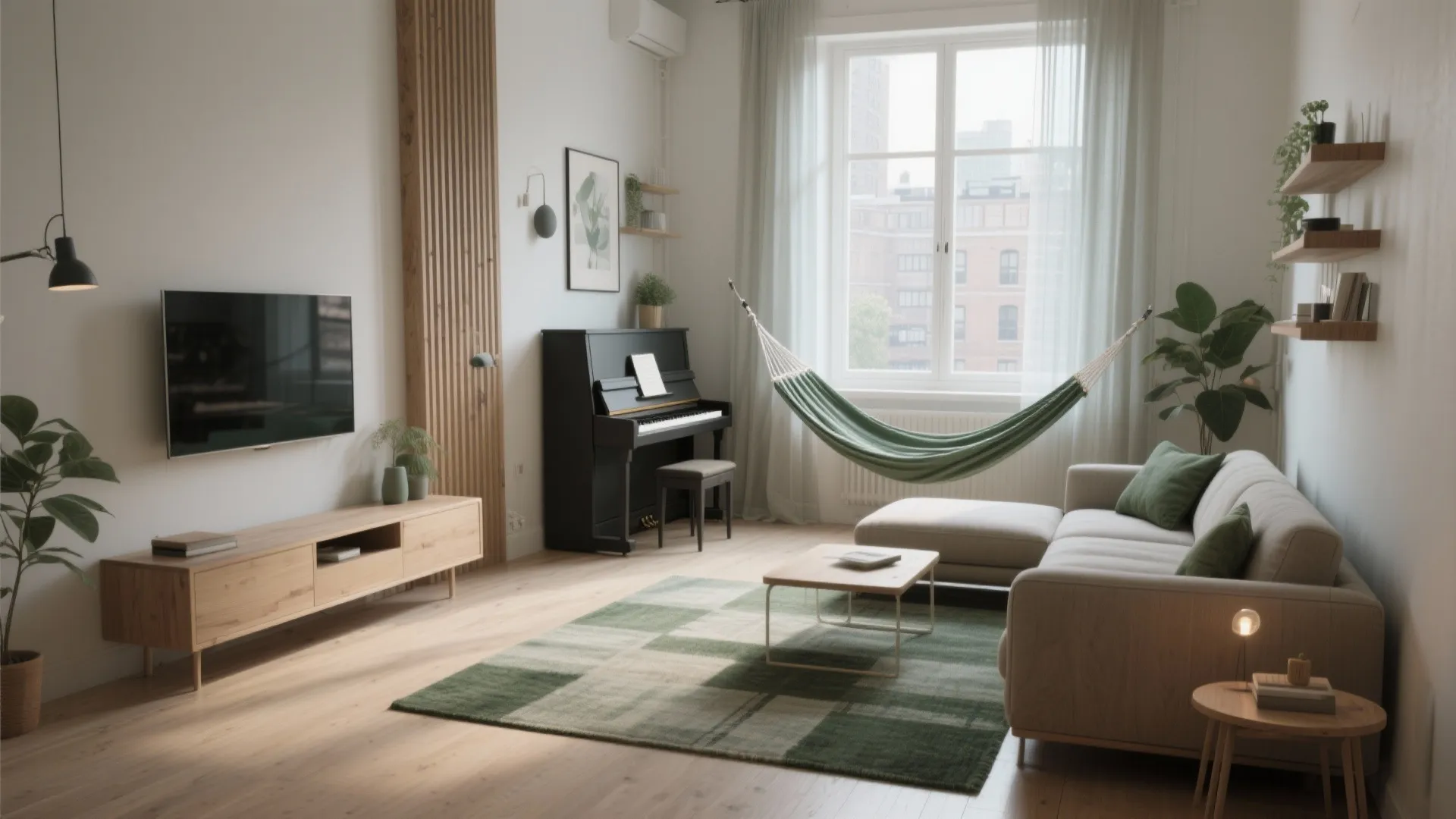 Small living room with green hammock near window piano green rug sofa and wall television