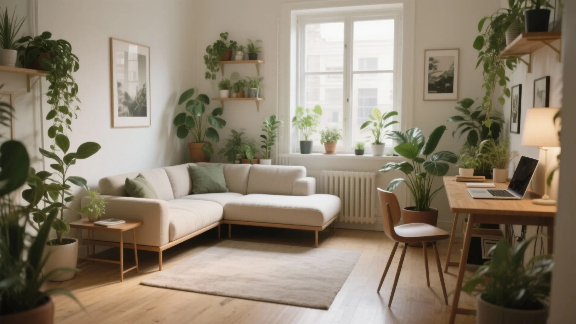 Bright living room with white sofa many green plants wooden desk and large window view