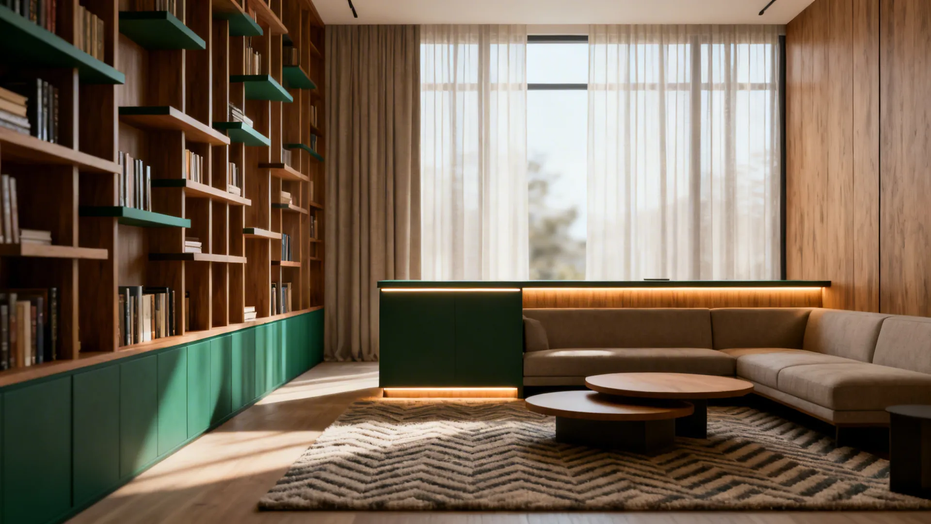Warm living room with large wooden bookshelf green cabinets beige sofa round coffee table and rug