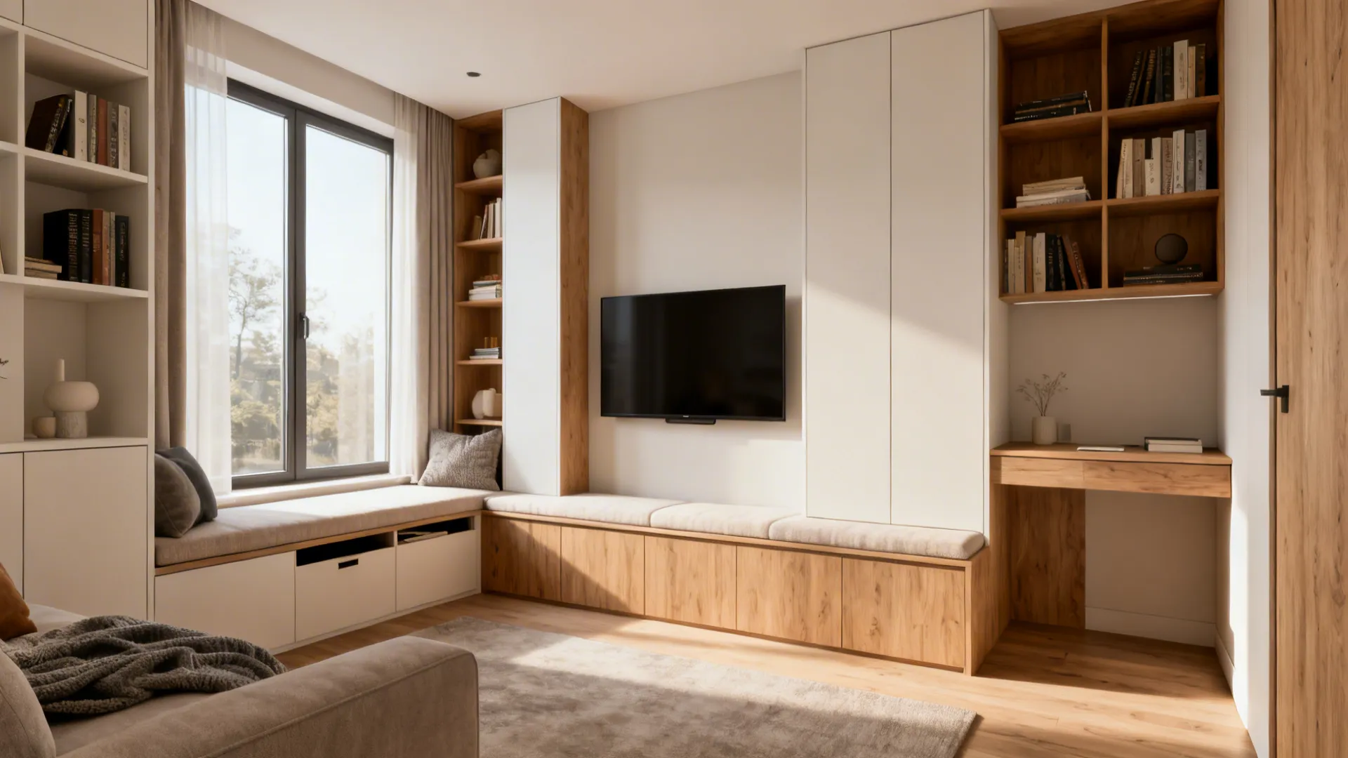 Modern living room featuring wooden wall cabinets window seat television desk and large bright window