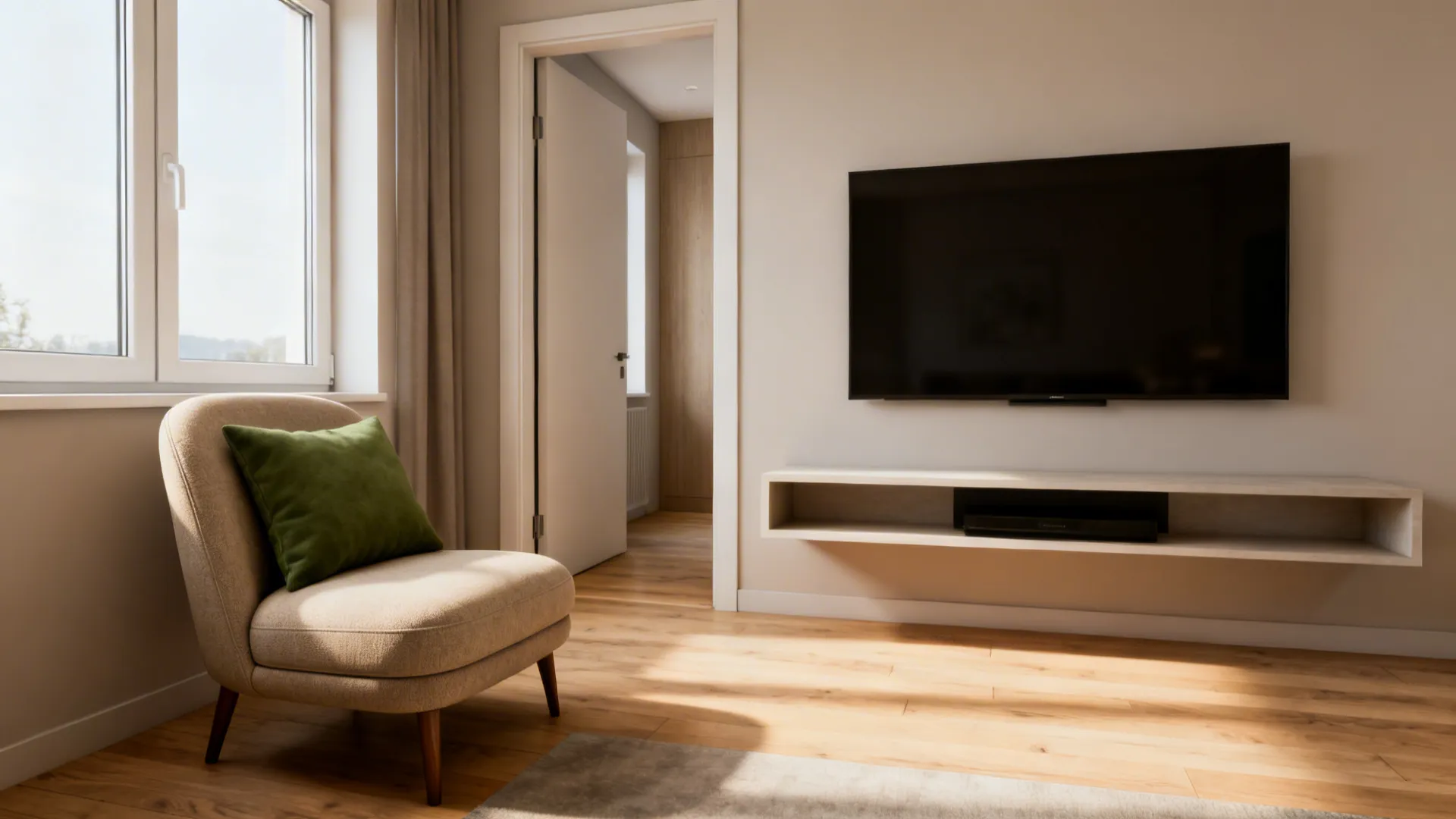 Modern small living room with beige sofa chair green pillow wall mounted television and window