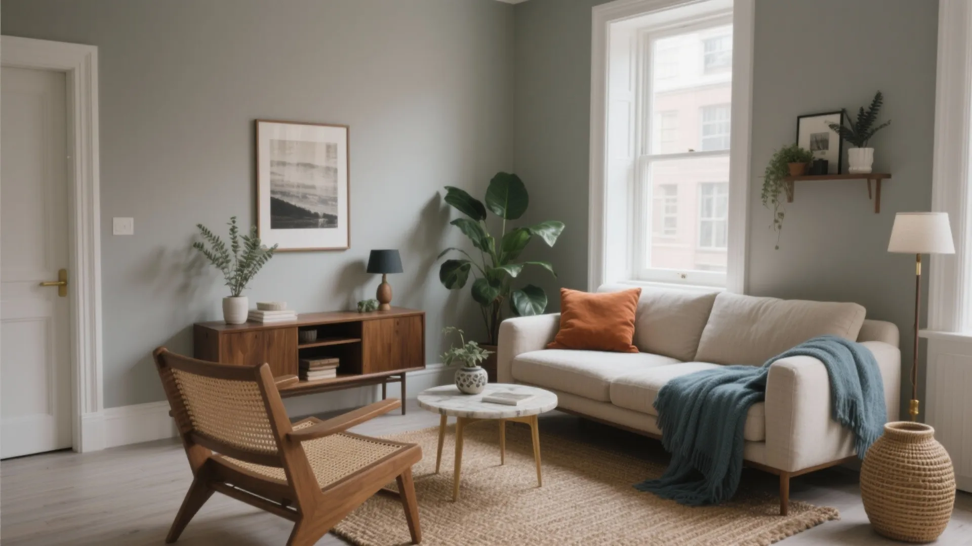 Modern living room with green walls beige sofa wooden chair marble coffee table and green plants