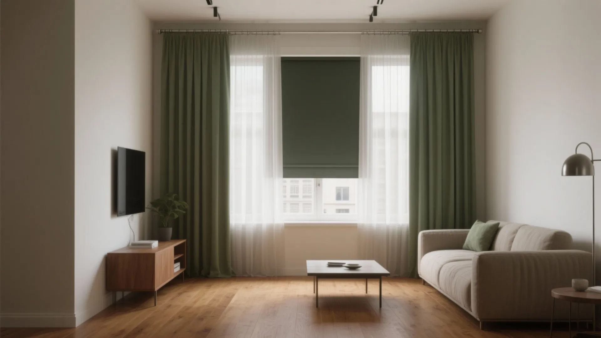 Modern living room featuring green curtains white sheer fabric wooden floor and beige sofa furniture