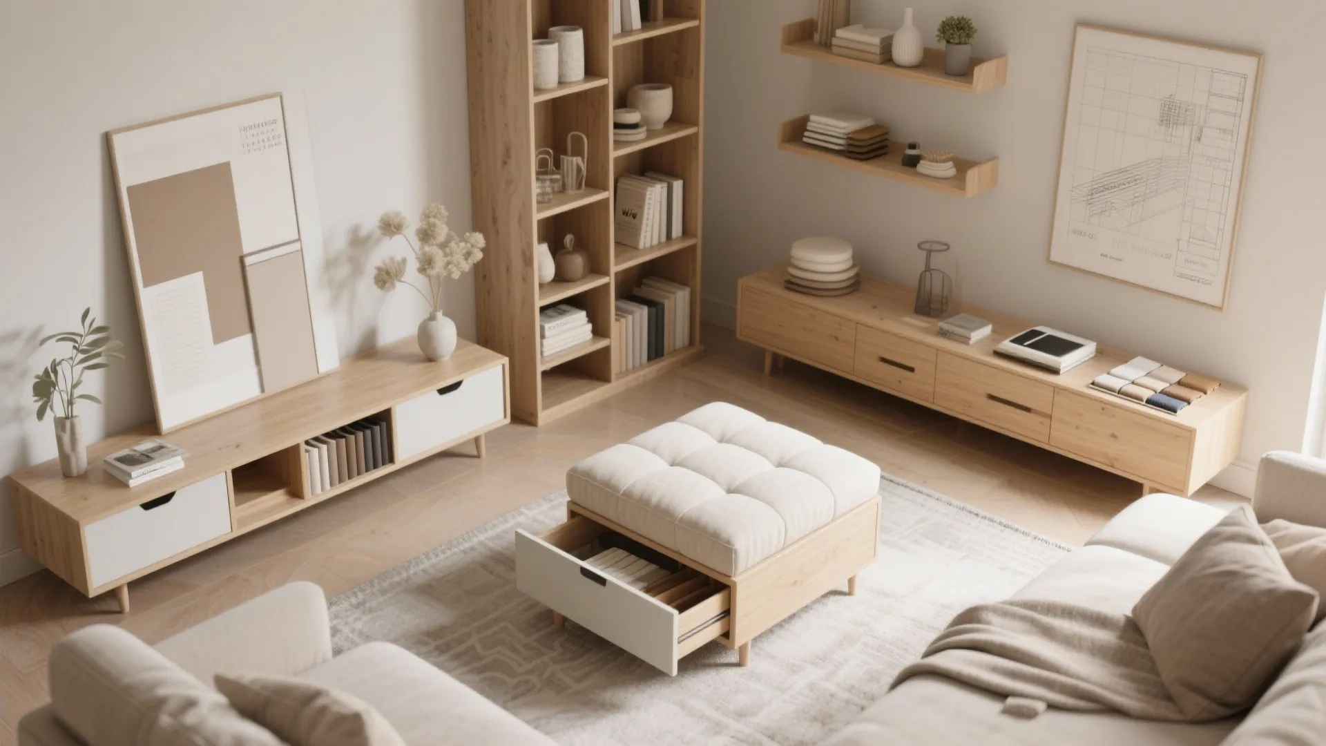 Living room interior design with wooden bookshelves cabinets beige sofa and white footrest with storage drawer