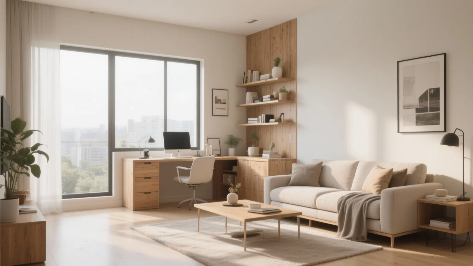 Modern living room featuring corner wooden desk bookshelves beige sofa and large window city view