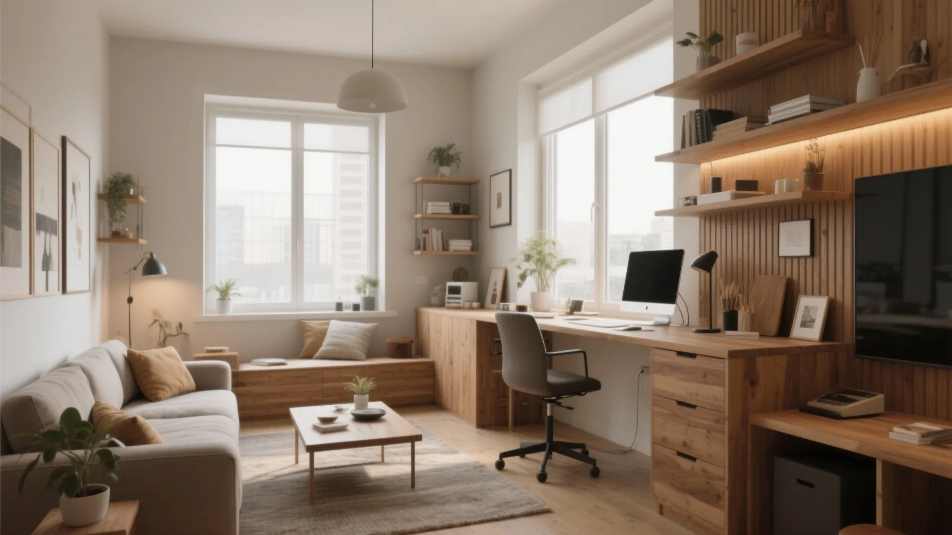 Bright open plan living room with wooden desk sofa coffee table and large white windows